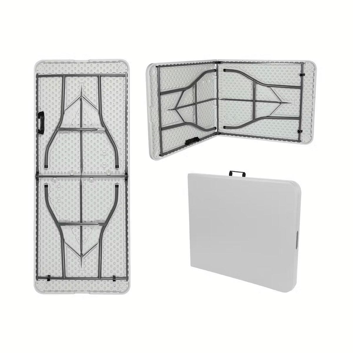 Tres vistas de una mesa plegable blanca con patas de metal gris. La mesa se muestra abierta, parcialmente abierta y plegada.