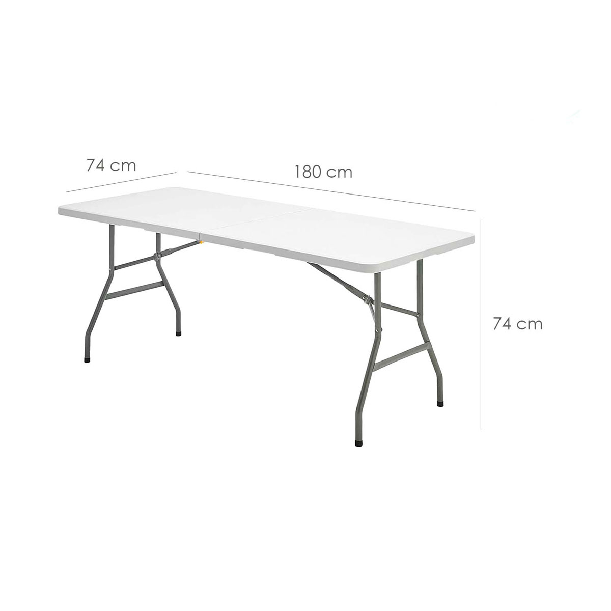 Mesa plegable blanca con patas metálicas, 180x74 cm.