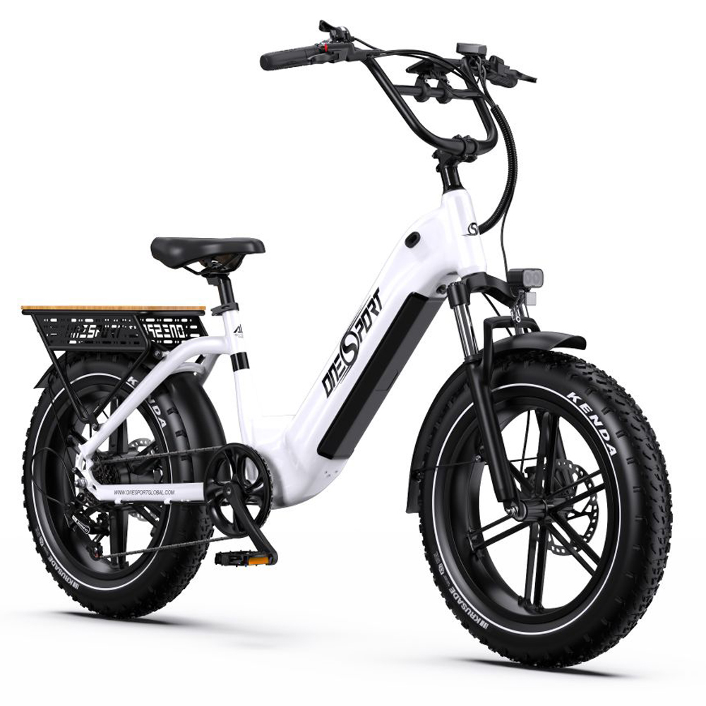 Una bicicleta eléctrica blanca con neumáticos anchos, portaequipajes y tabla de madera.