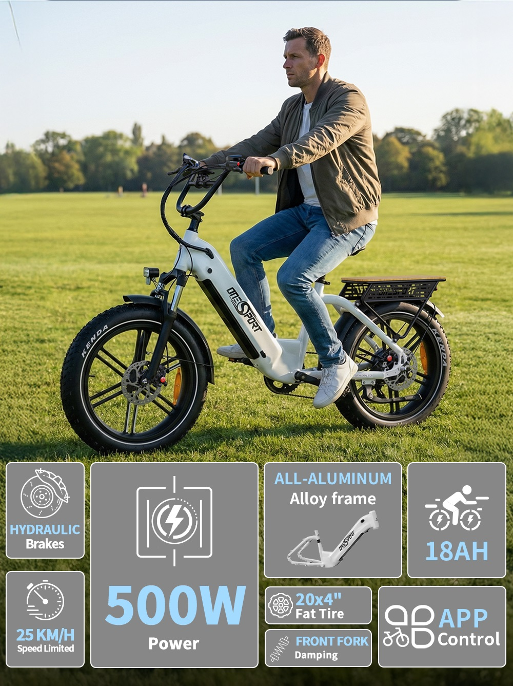 Un hombre monta una bicicleta eléctrica blanca de rueda ancha en un campo.