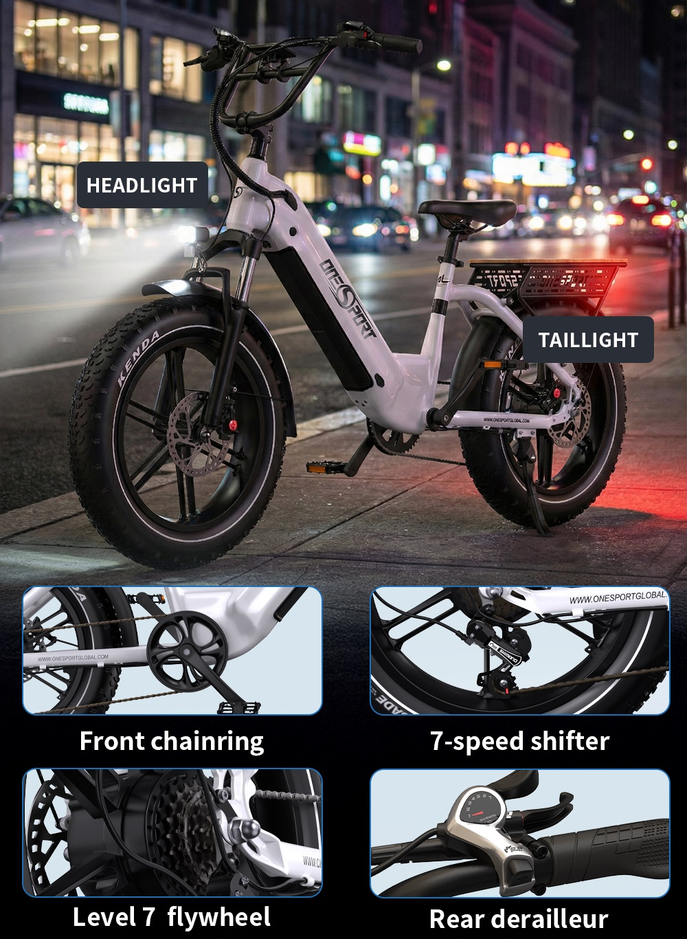 Una bicicleta eléctrica blanca con luces, cadena, marchas y cesta por la noche.