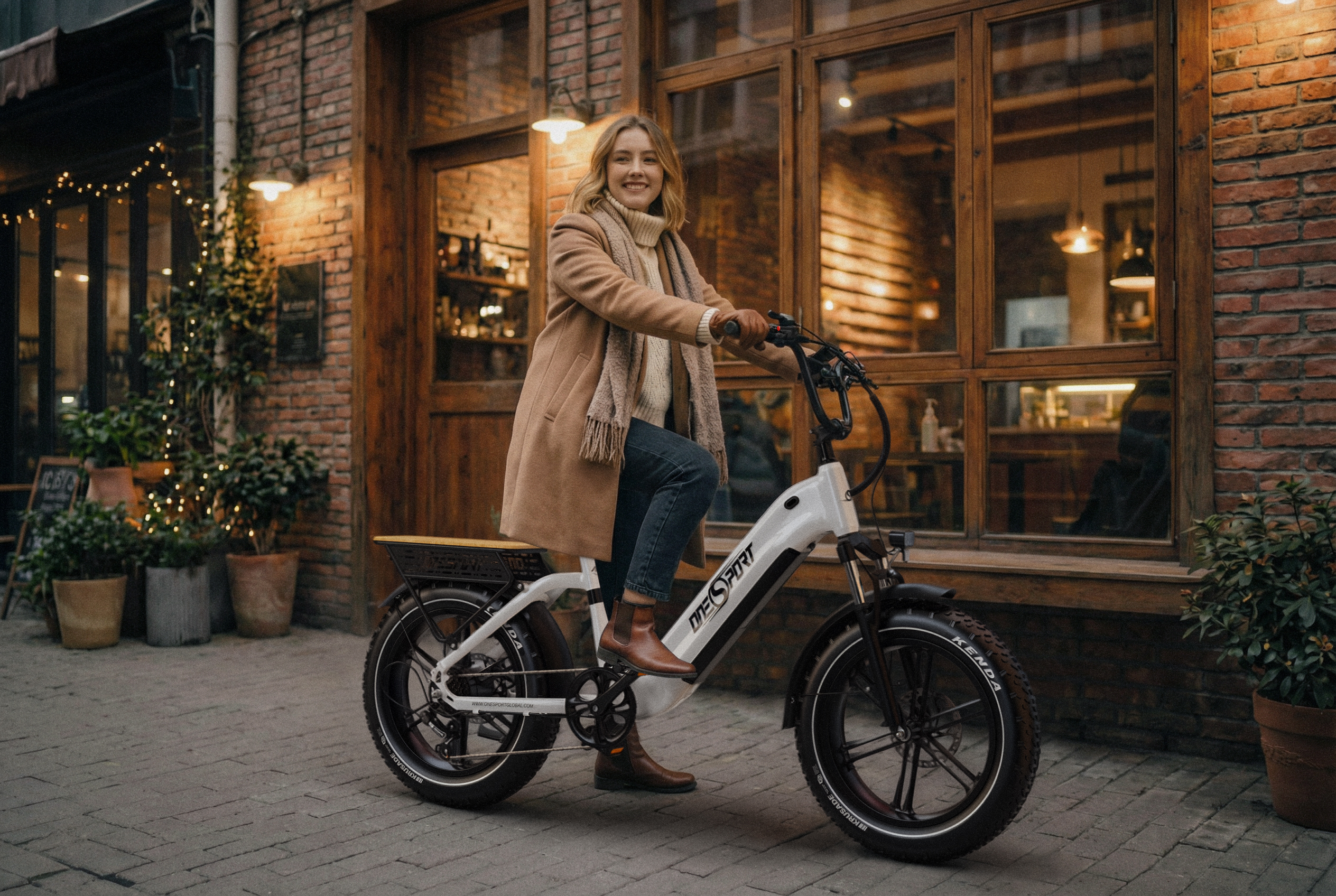 Una mujer monta una bicicleta eléctrica blanca en una calle empedrada frente a un edificio de ladrillos.