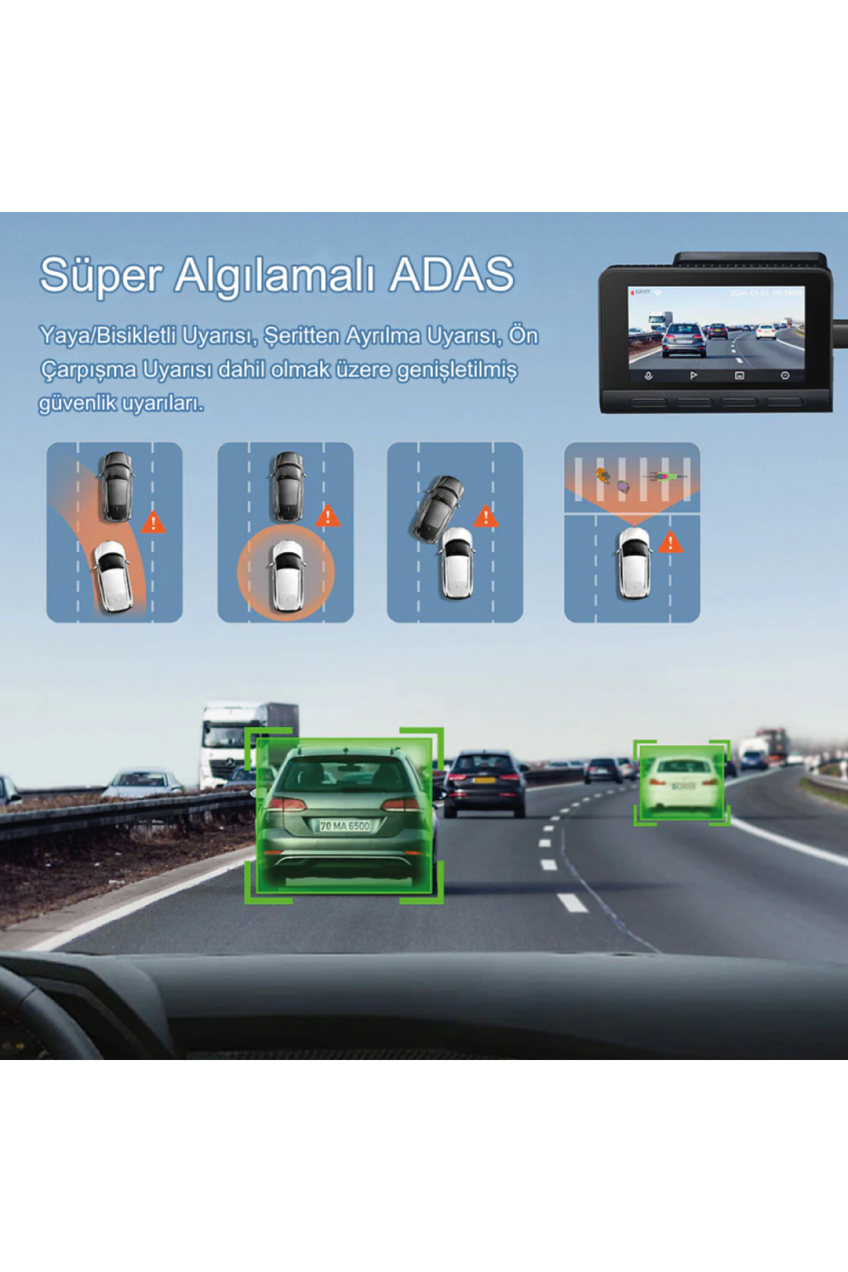 ADAS-System warnt vor Fußgängern, Fahrspuren und Kollisionen. Autos auf der Autobahn.