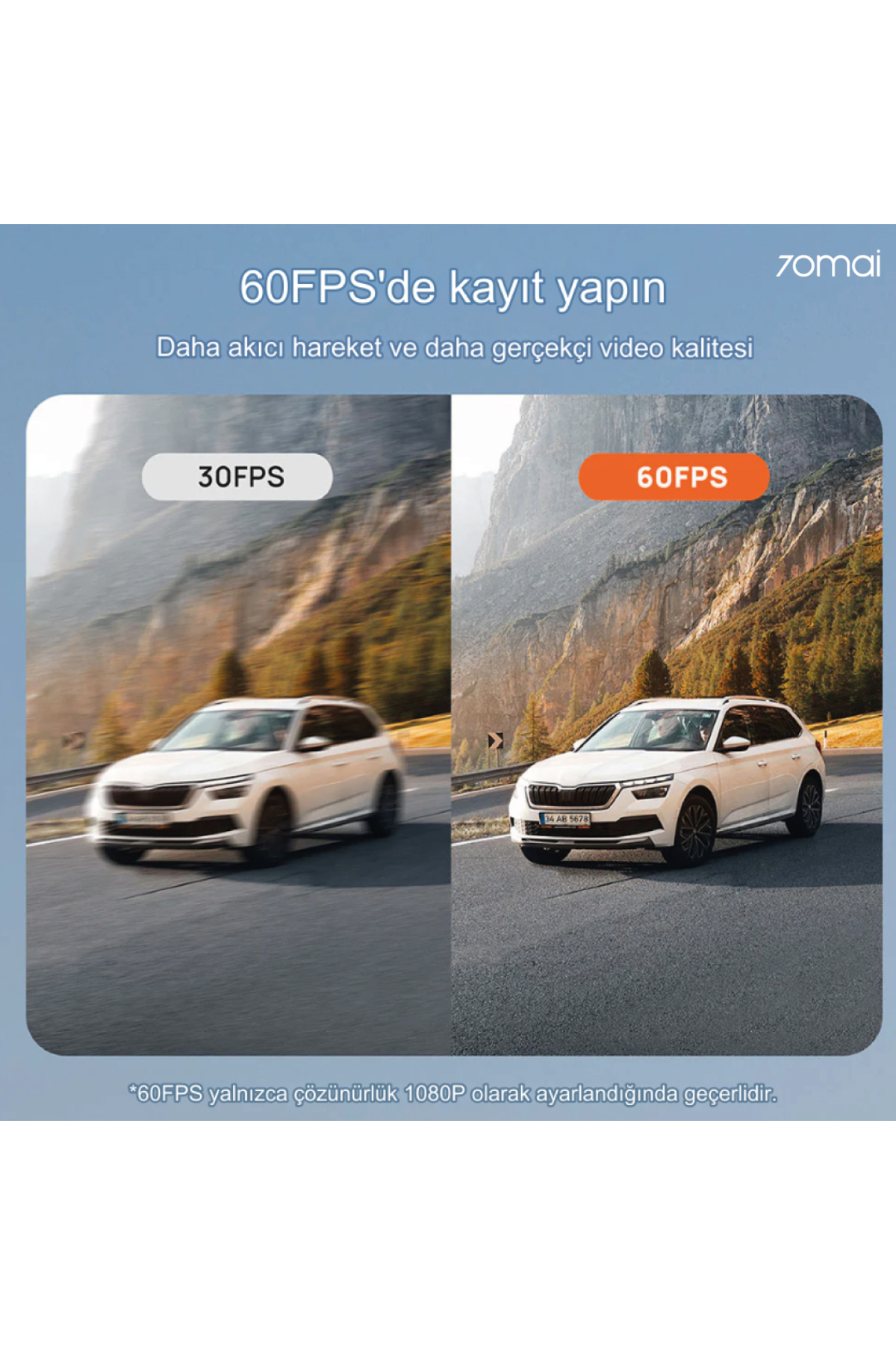 Vergleich von 30FPS und 60FPS Aufnahmen eines Autos in Berglandschaft.