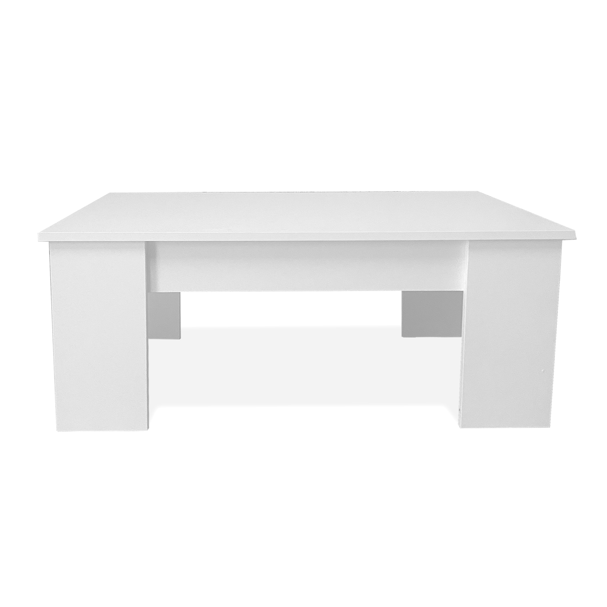 Una mesa de centro blanca moderna con líneas limpias y dos compartimentos abiertos.