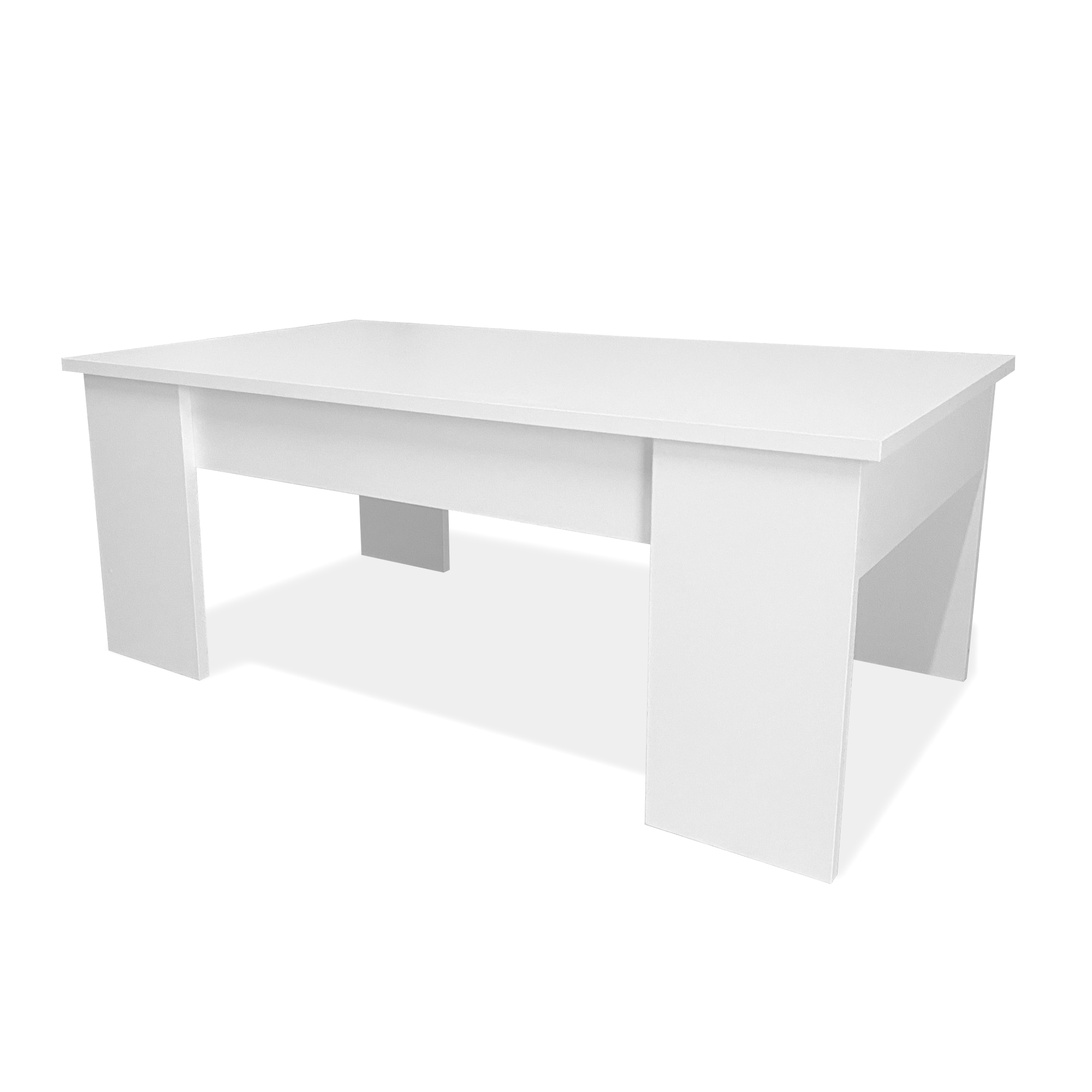 Una mesa blanca simple y rectangular con dos patas anchas.