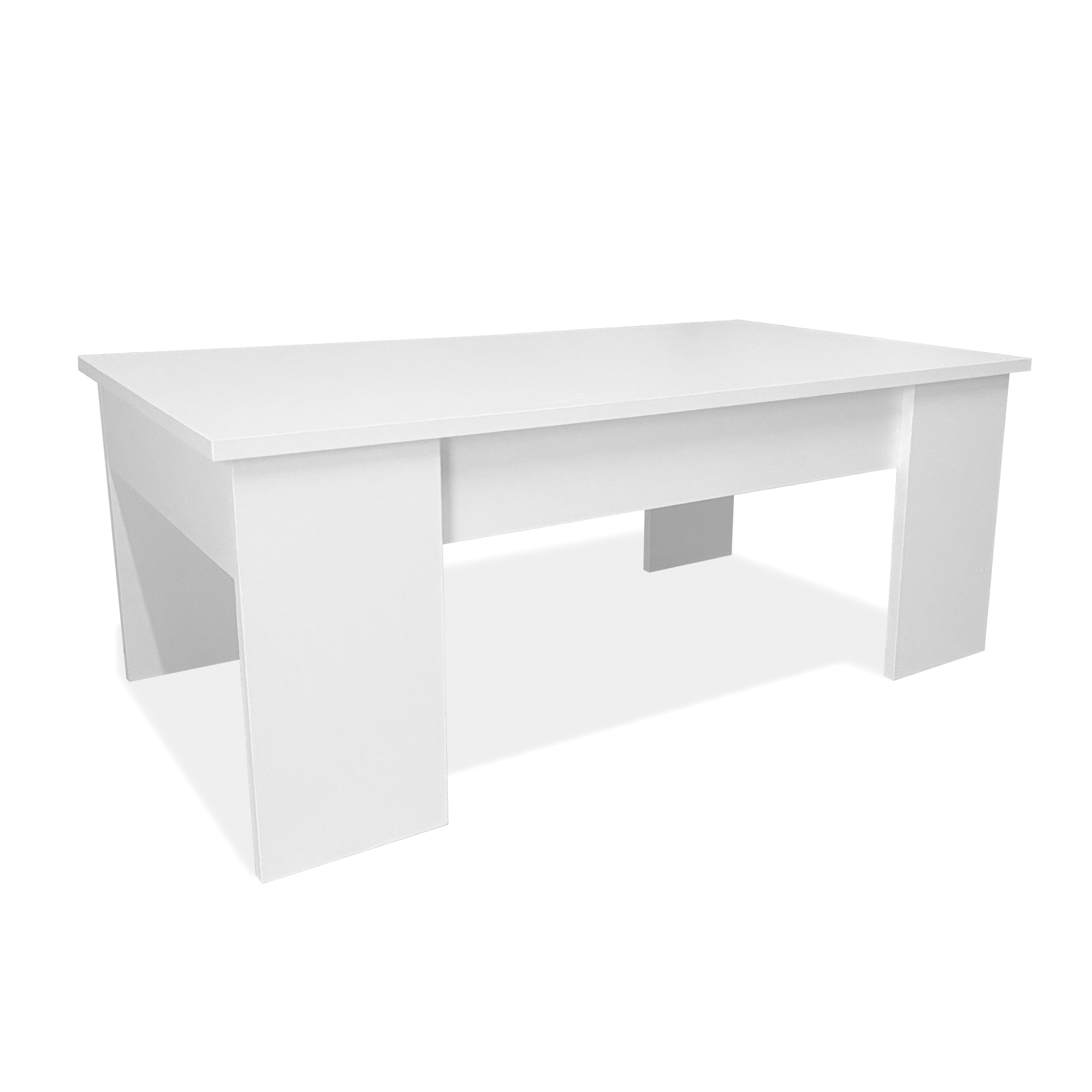 Una mesa de centro blanca moderna con tablero rectangular y dos patas anchas.