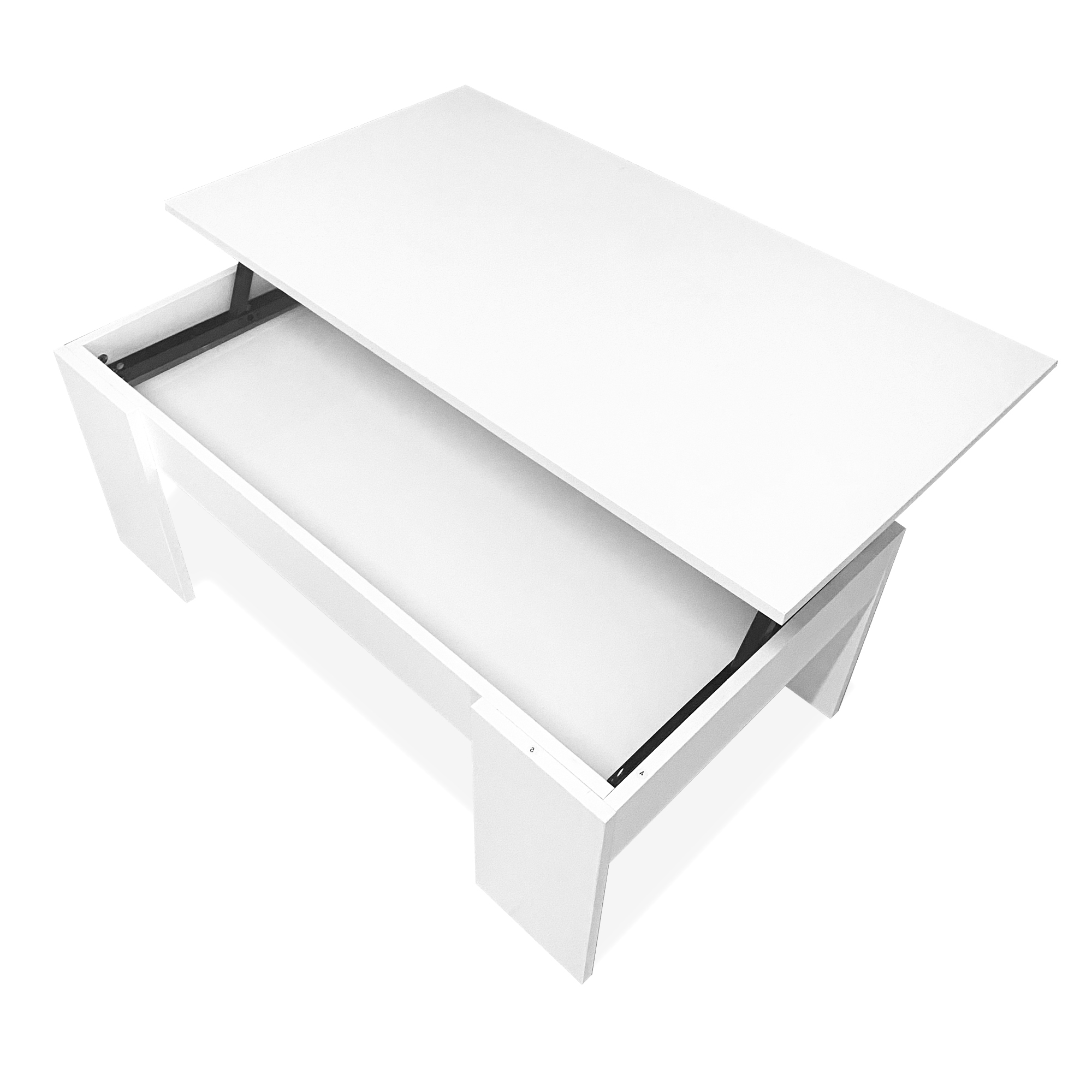 Una mesa blanca con compartimento abierto y mecanismo metálico.