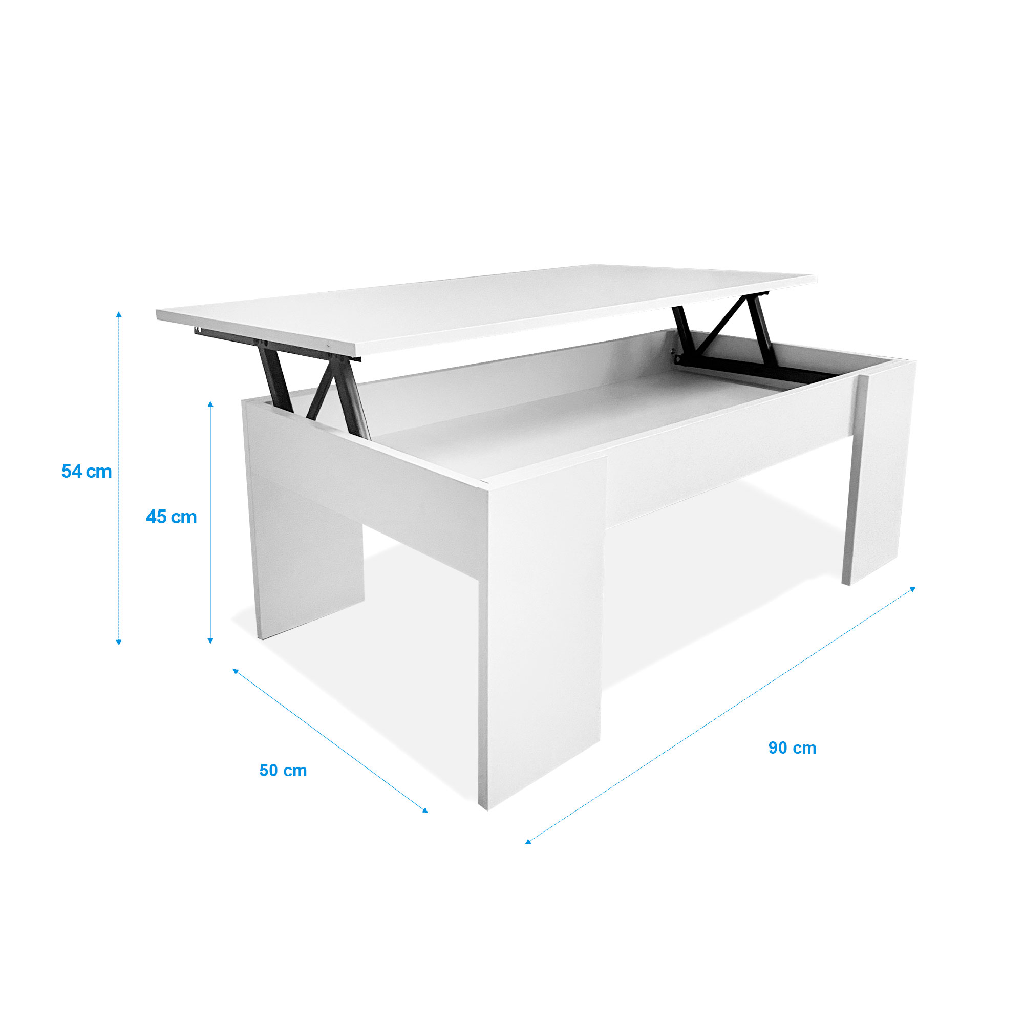 Mesa de centro blanca con tapa elevable y compartimento oculto.