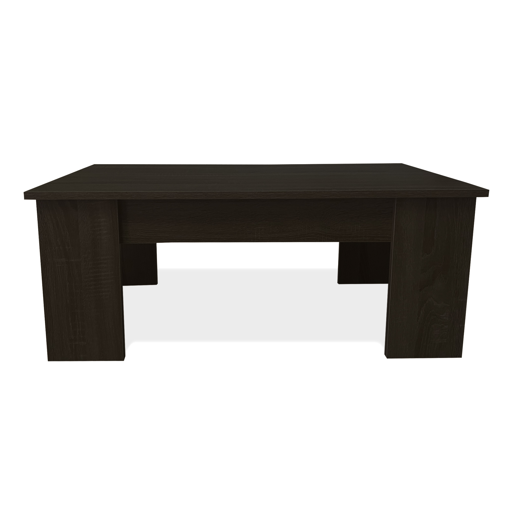 Una mesa de centro de madera oscura con cuatro patas sobre fondo blanco.