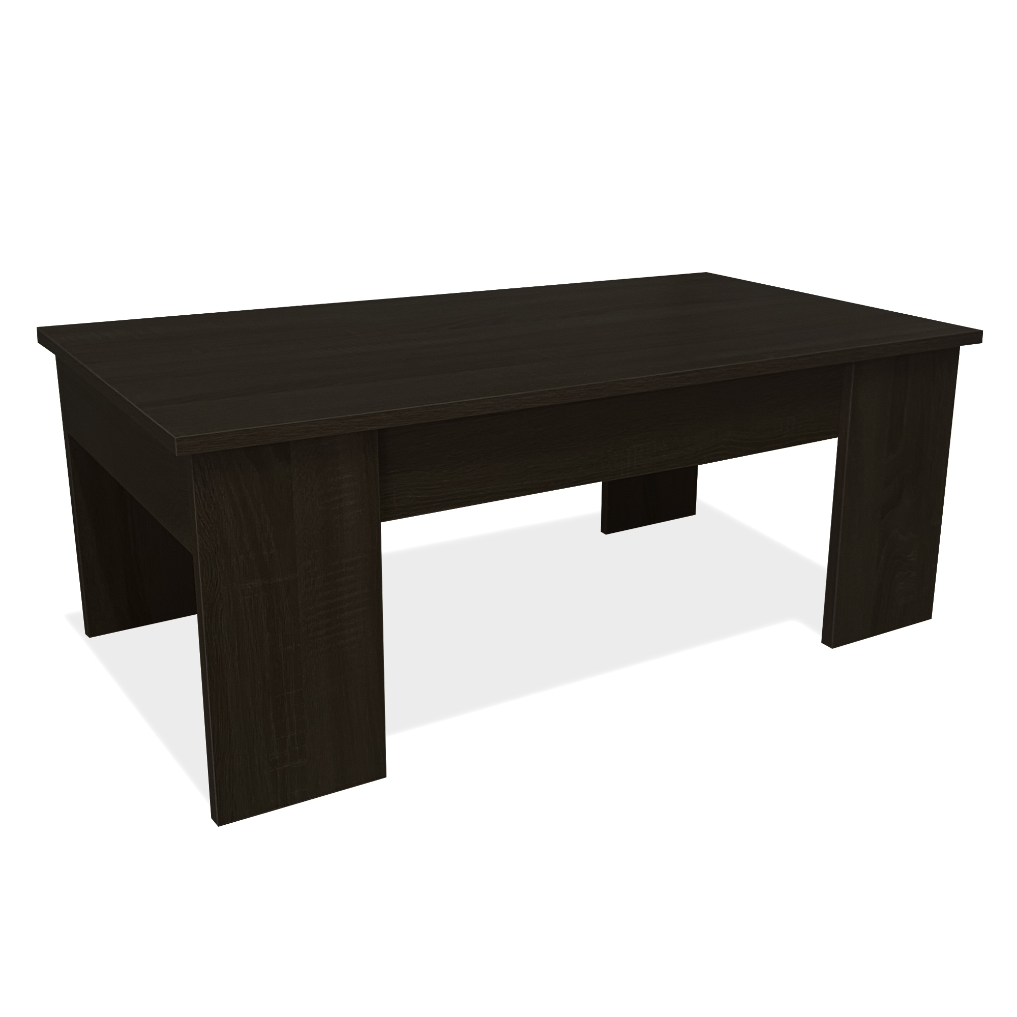 Mesa de centro de madera oscura con cuatro patas y tablero rectangular.