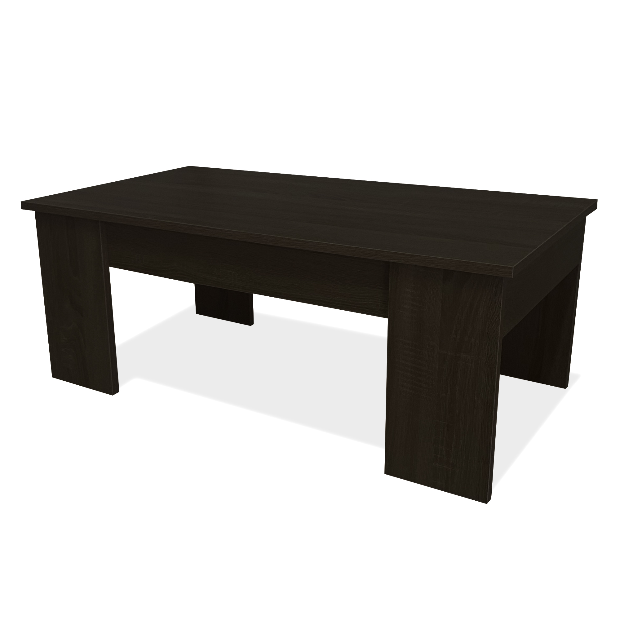 Una mesa de centro rectangular de madera oscura con cuatro patas.