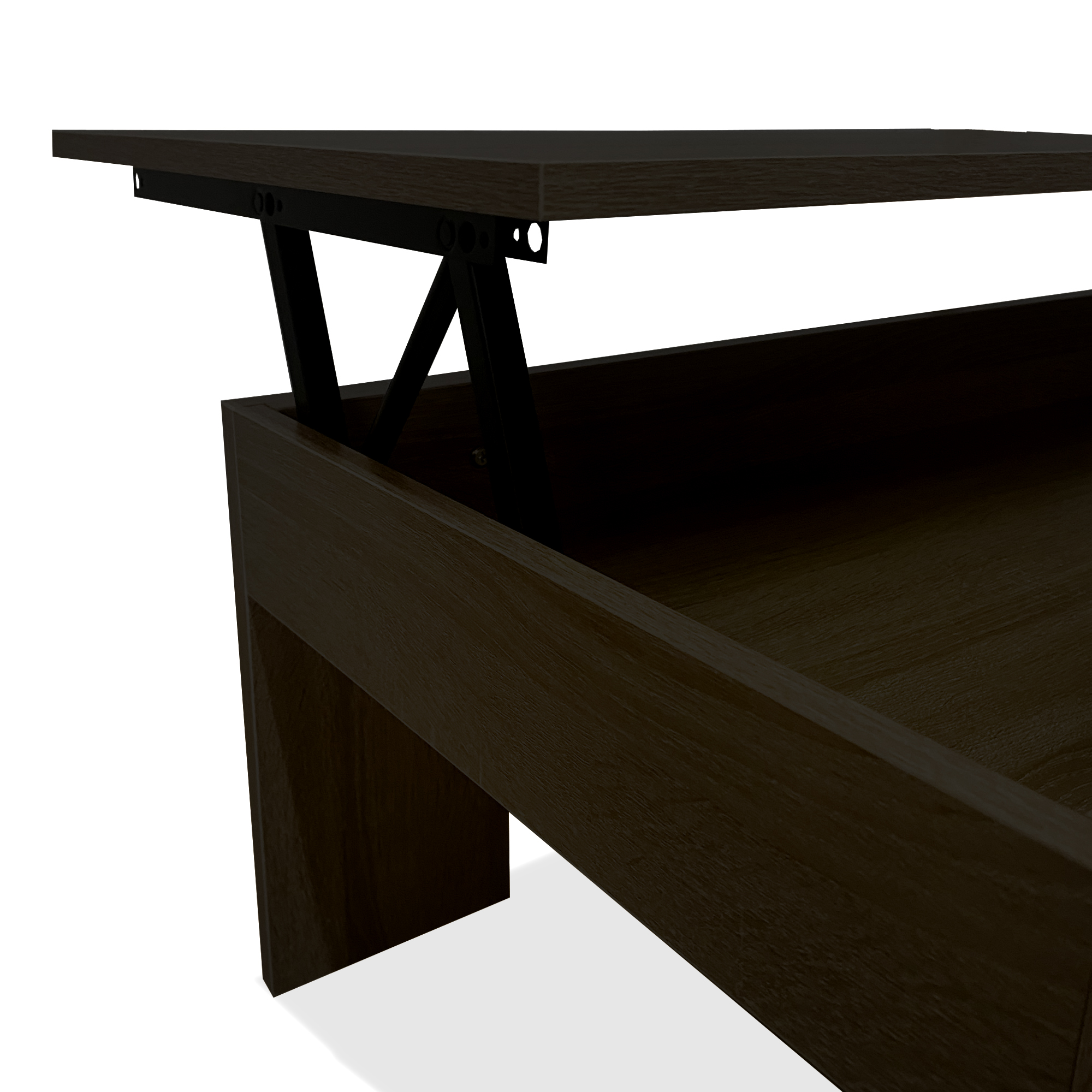Mesa de madera oscura con compartimento abierto y mecanismo metálico.