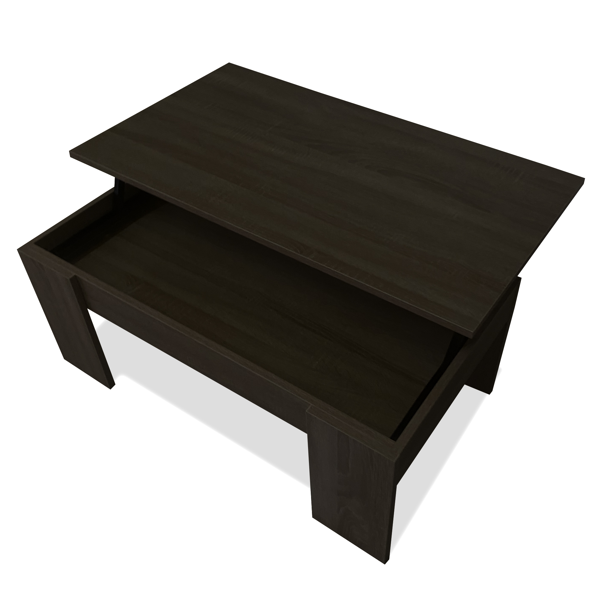 Mesa de centro marrón oscura con compartimento abierto y soporte de pata angulado.