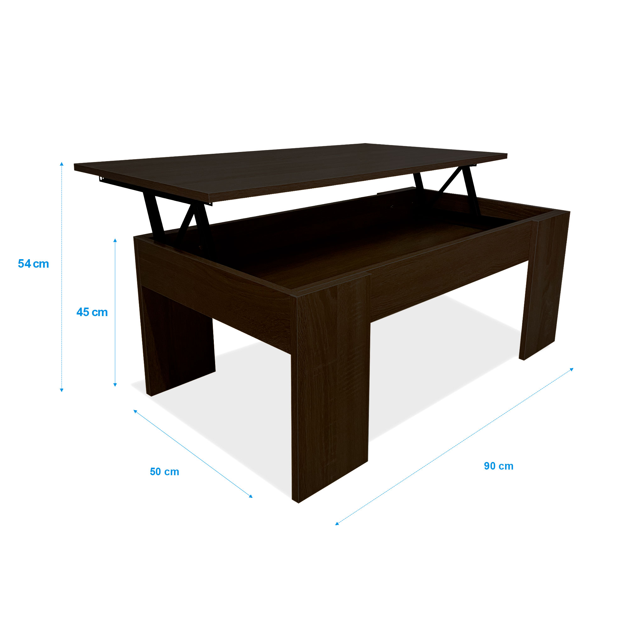 Mesa de centro marrón oscura con tapa elevable, dimensiones 90x50x54cm.