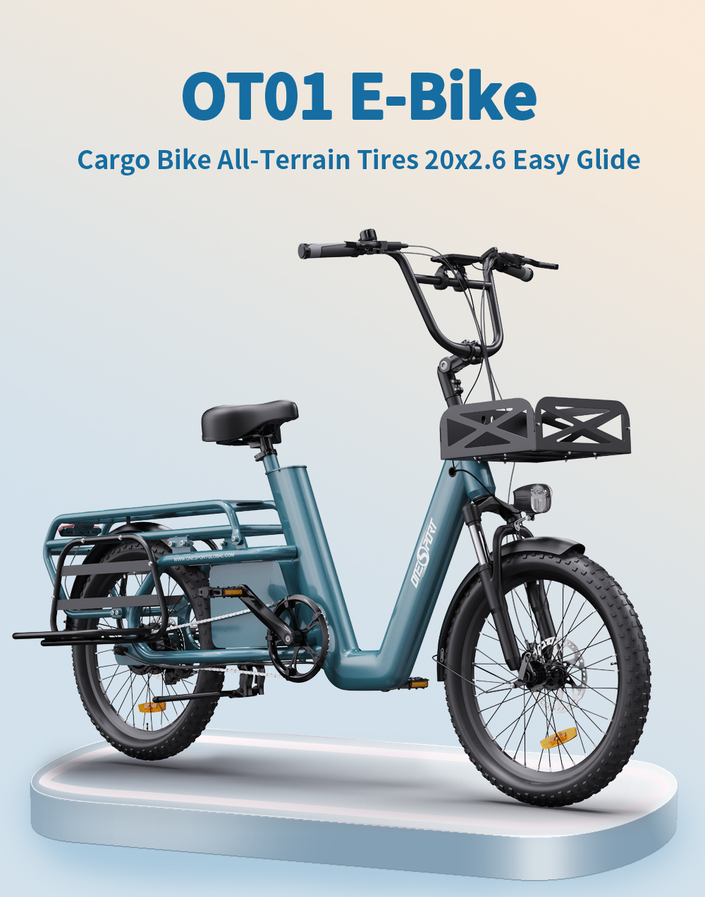 Una bicicleta de carga OT01 E-Bike color verde azulado con neumáticos anchos y portaequipajes.