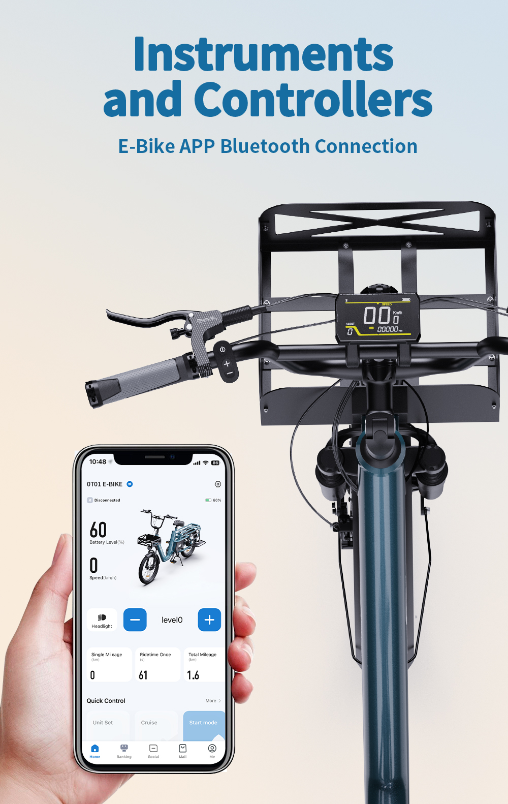 Manillar de e-bike con pantalla digital y app de móvil mostrando batería y velocidad.