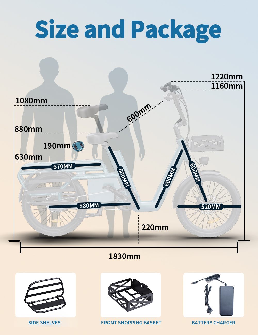 Dimensiones y paquete de e-bike: vista lateral con medidas, cargador, cesta y estantes.