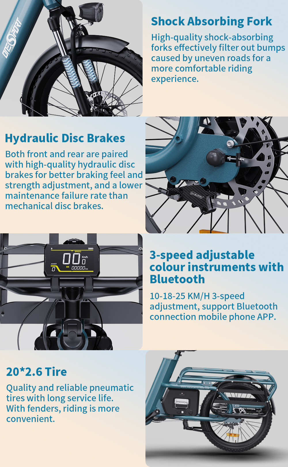 Primeros planos de una e-bike azul verdoso: horquilla, freno, pantalla, neumático y portaequipajes.