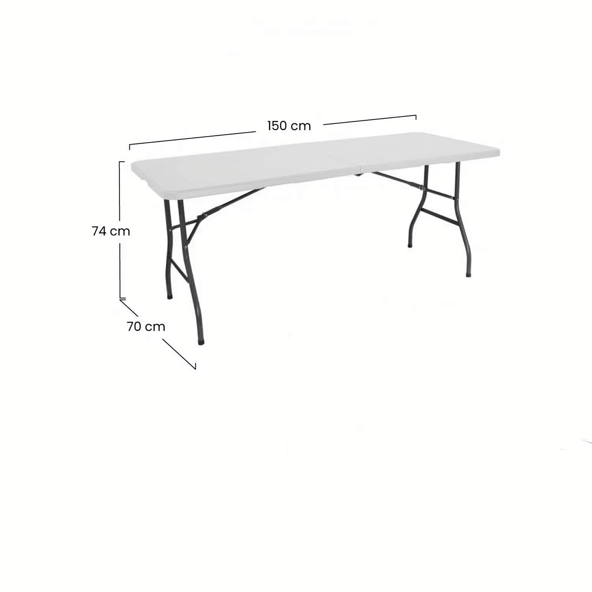 Mesa plegable blanca con patas metálicas negras. Dimensiones: 150x70x74 cm.