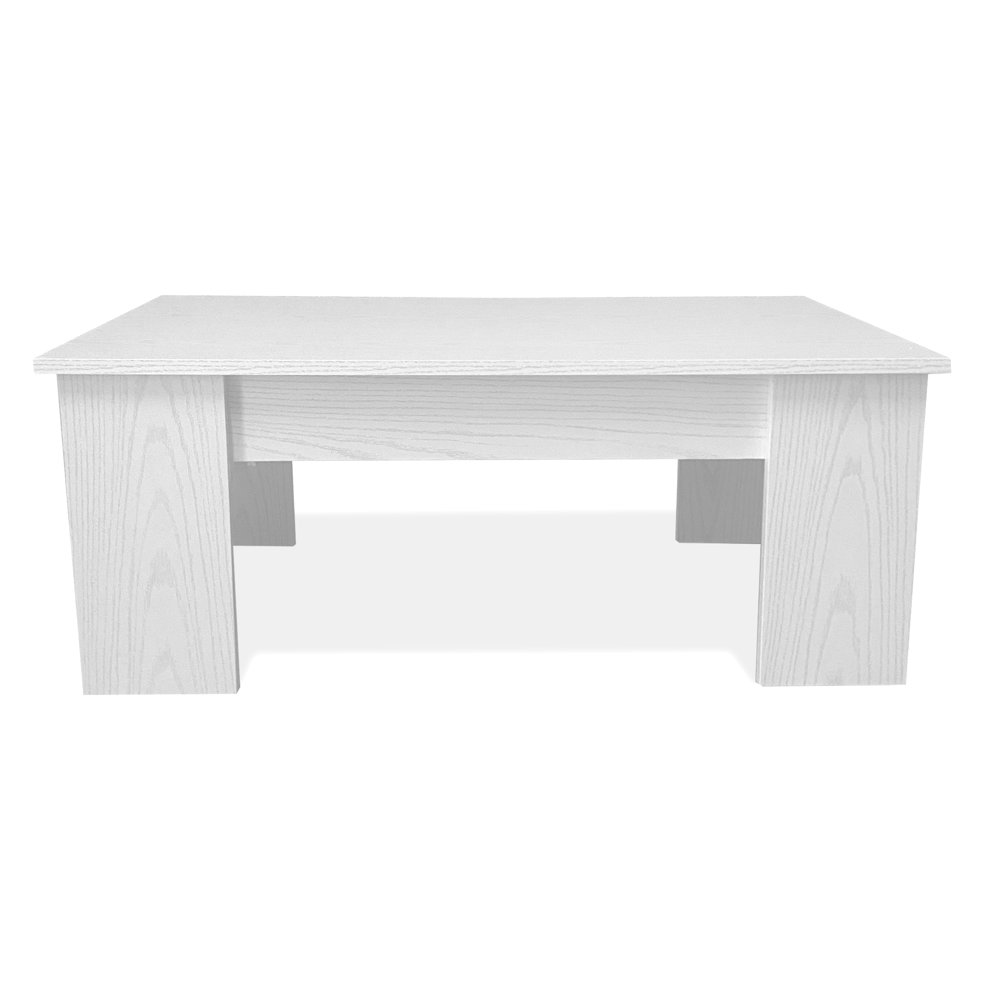 Una mesa de madera blanca con veta visible y cuatro patas.