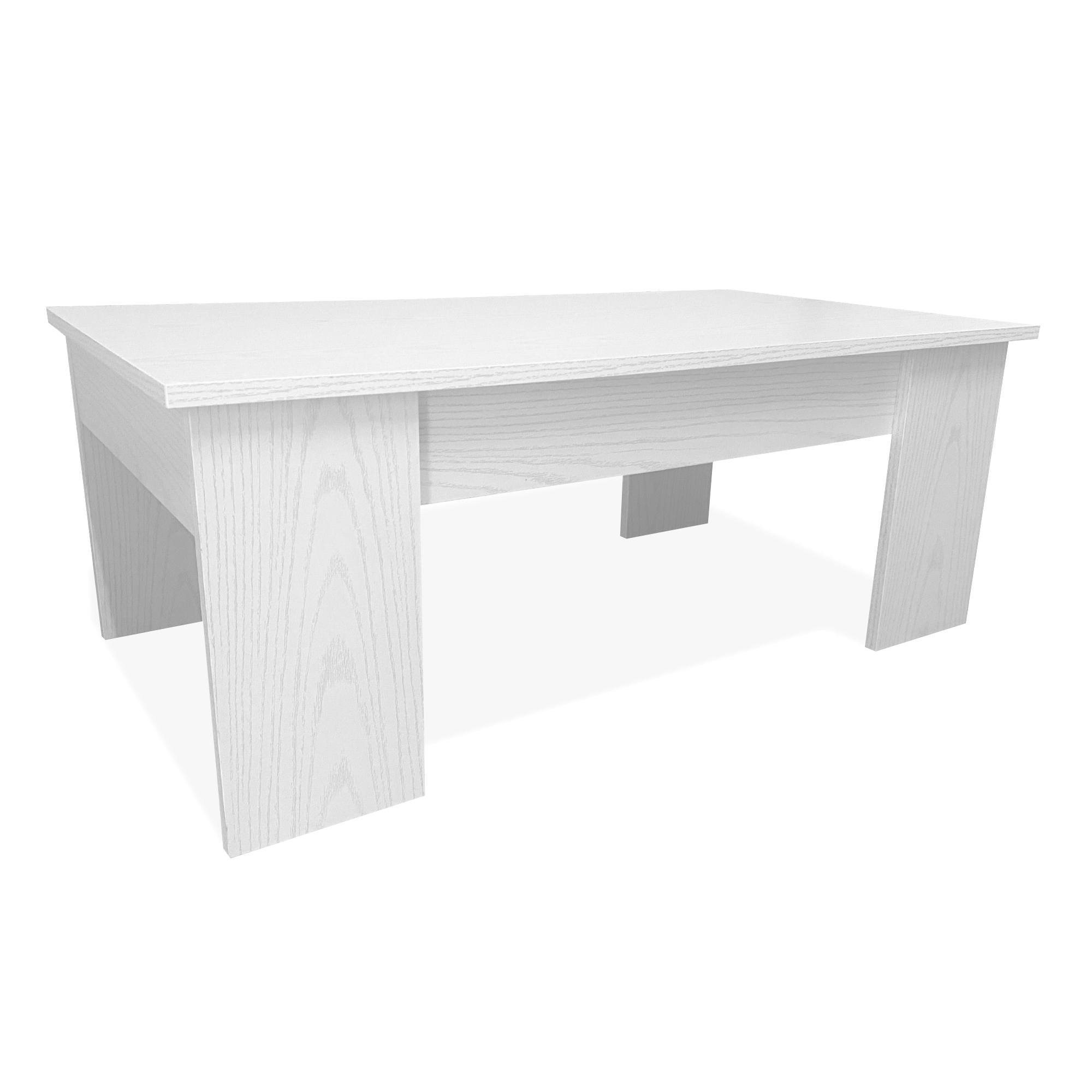 Una mesa de centro blanca moderna con veta de madera sobre fondo blanco.