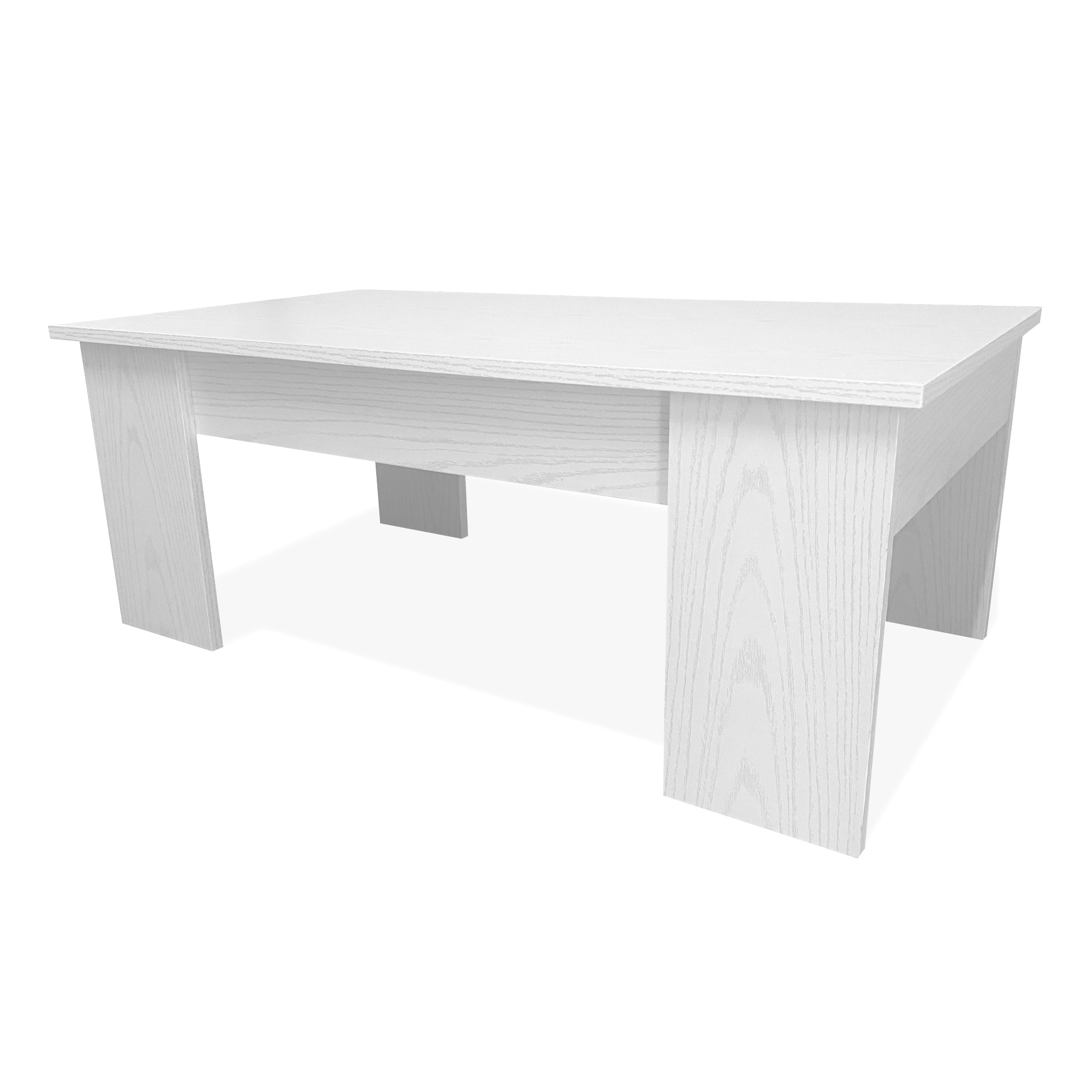 Una mesa de madera blanca con patas inclinadas sobre fondo blanco.