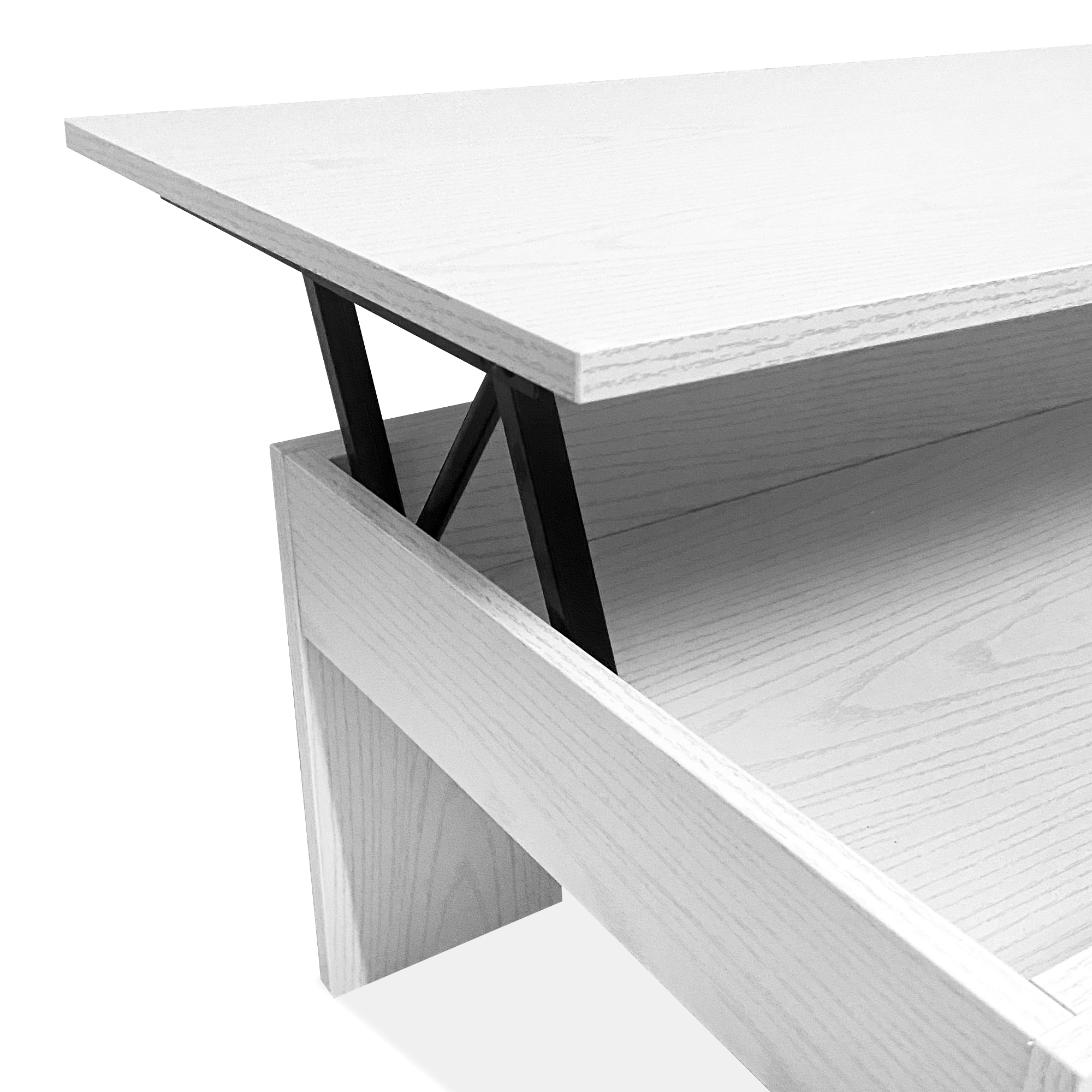 Una mesa de madera blanca con veta visible y mecanismo elevador negro.
