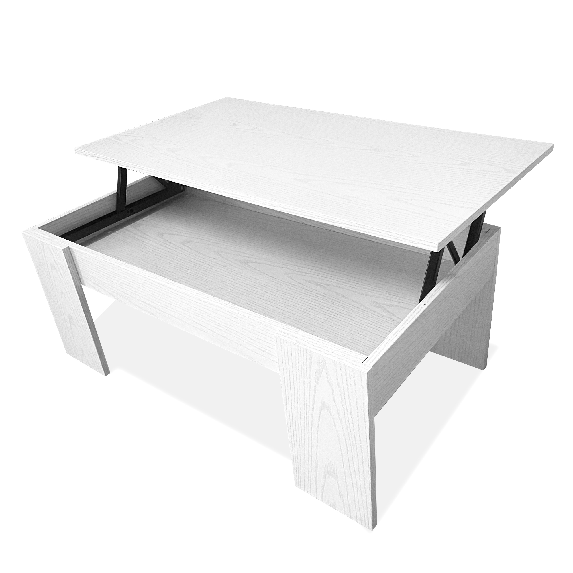 Una mesa de centro elevable blanca con compartimento abierto y mecanismo metálico.