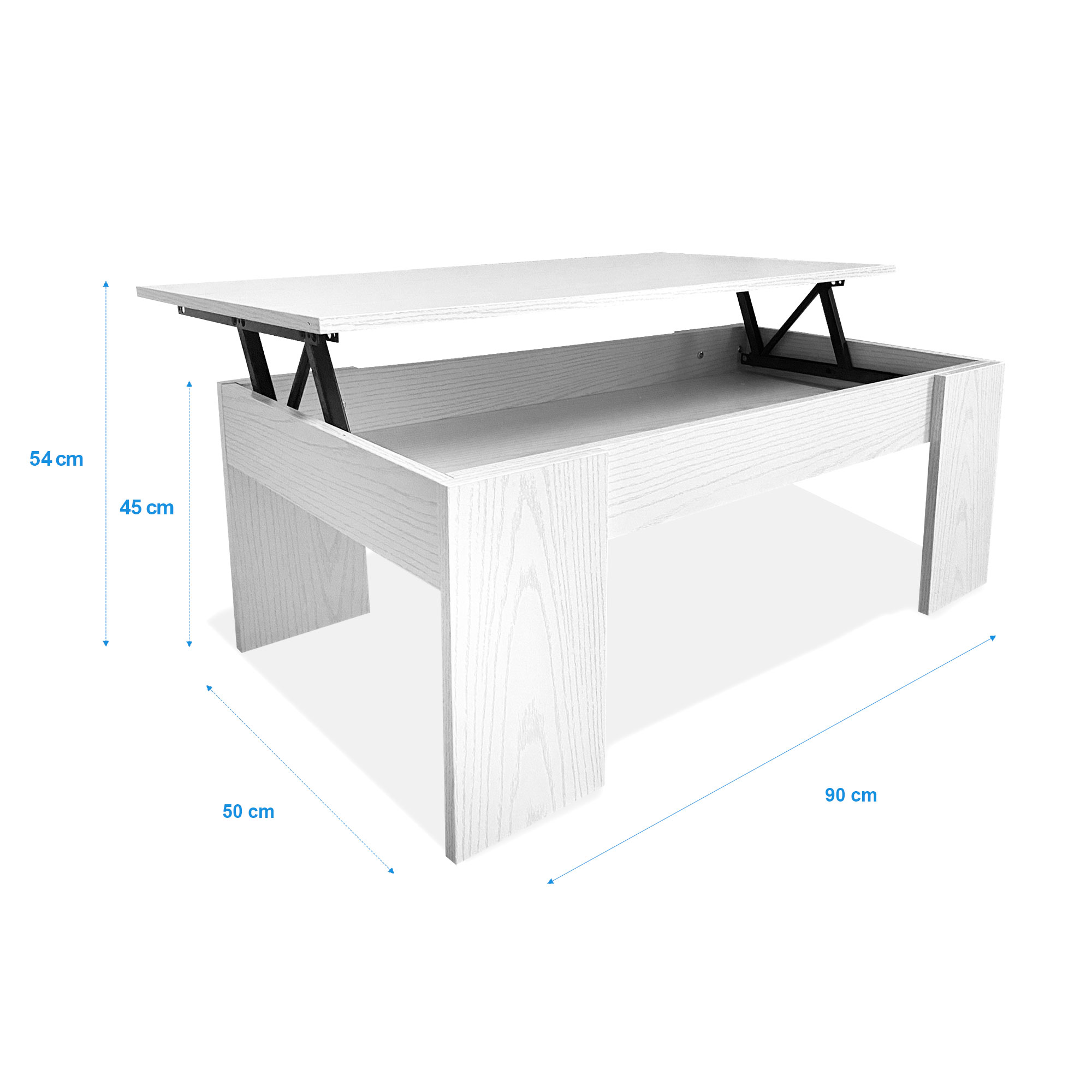 Mesa de centro blanca con tapa elevable y espacio de almacenamiento.