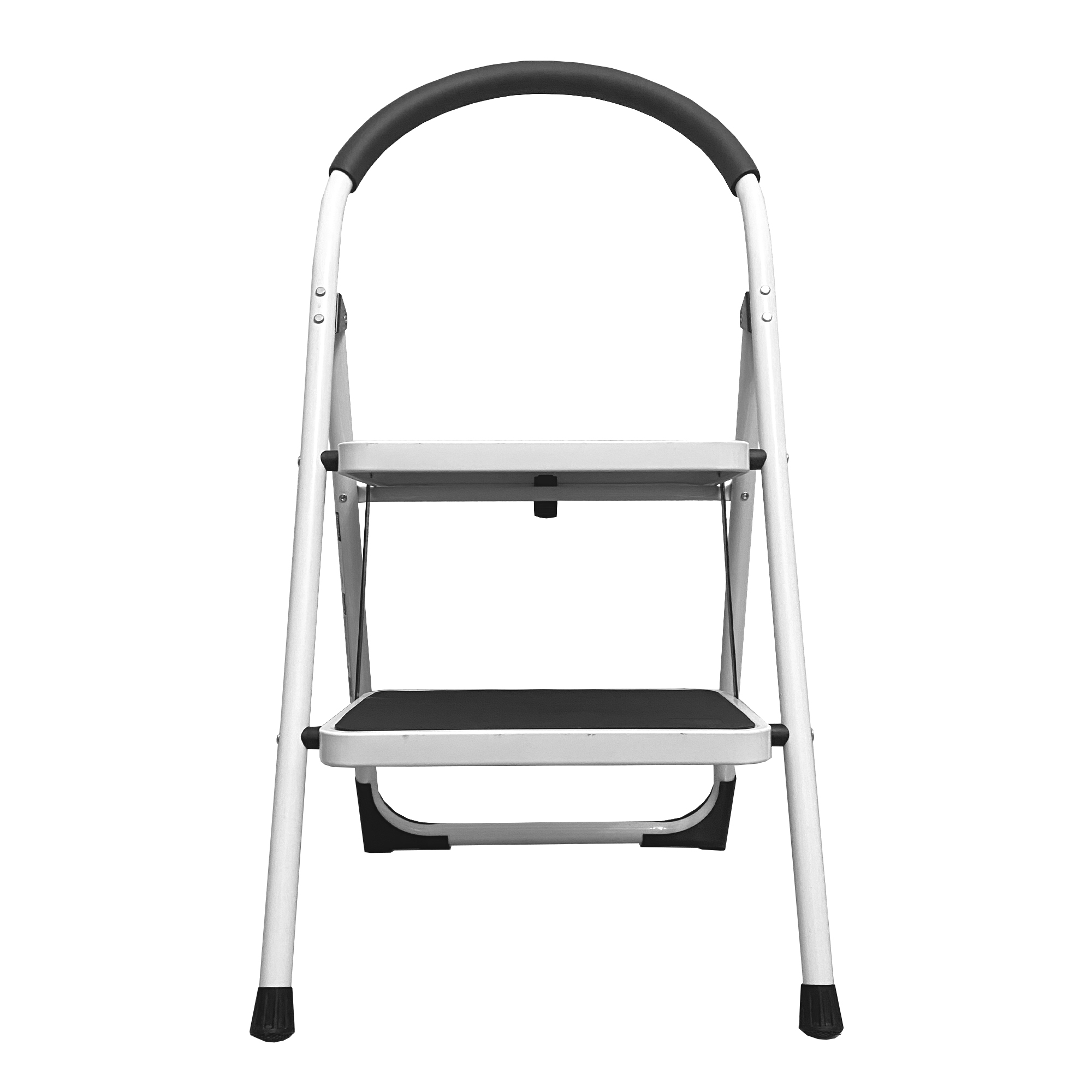 Un taburete blanco con asa y escalones negros.