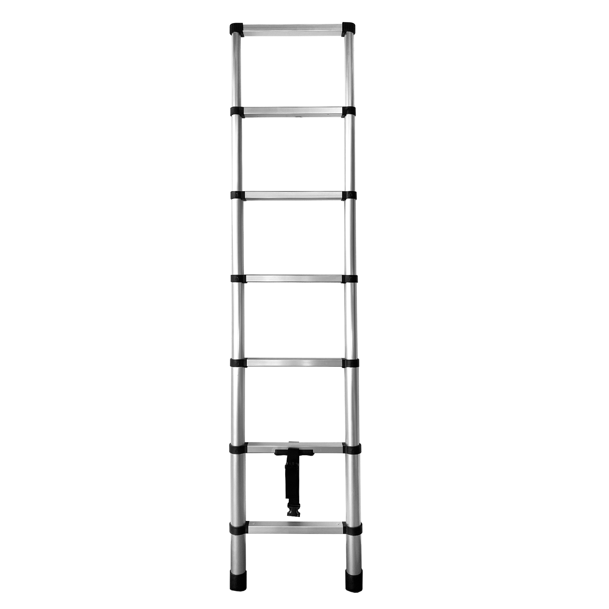 Una escalera extensible de aluminio con peldaños y tapas negras.