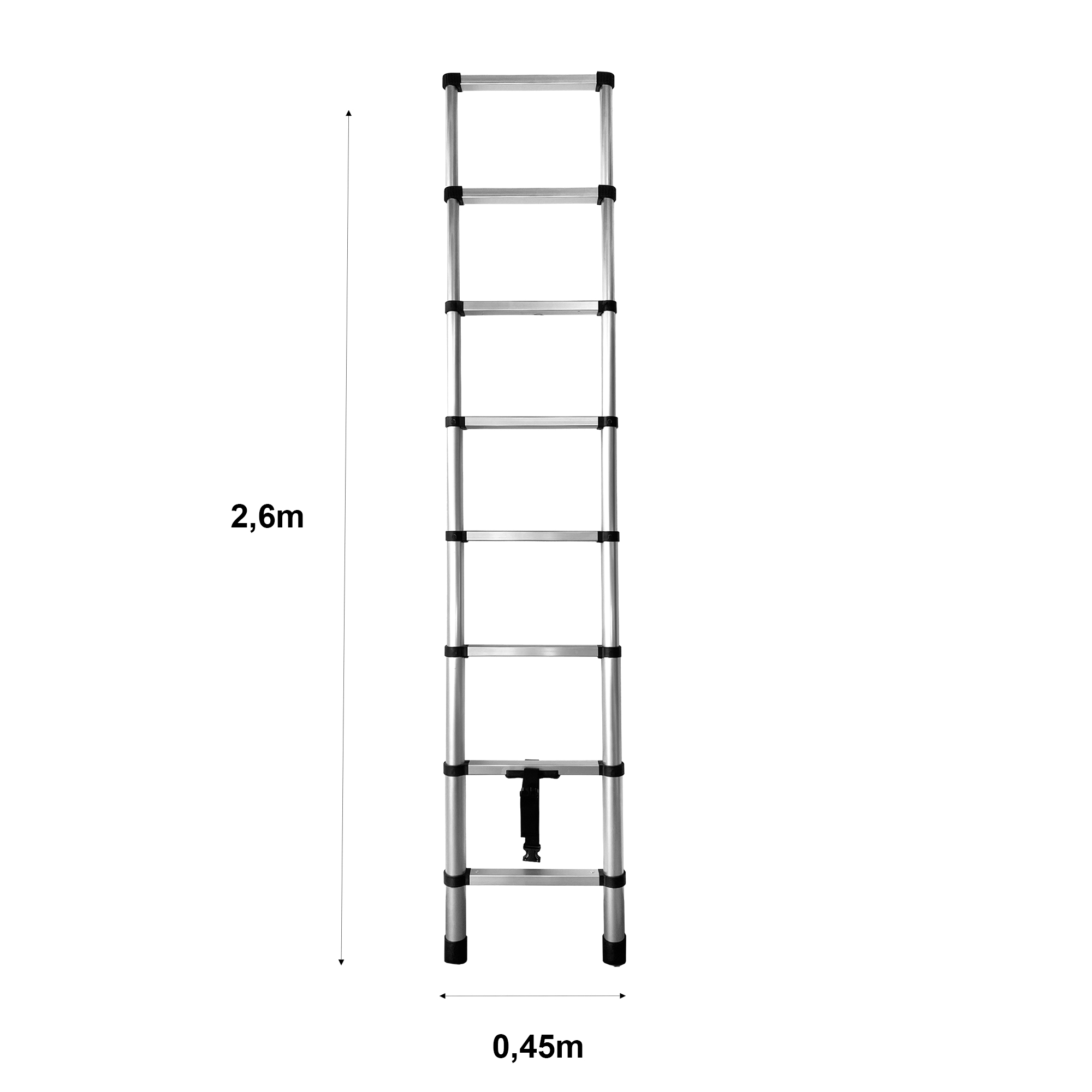 Una escalera de aluminio extendida con pies y agarres negros. Altura 2,6m, anchura 0,45m.