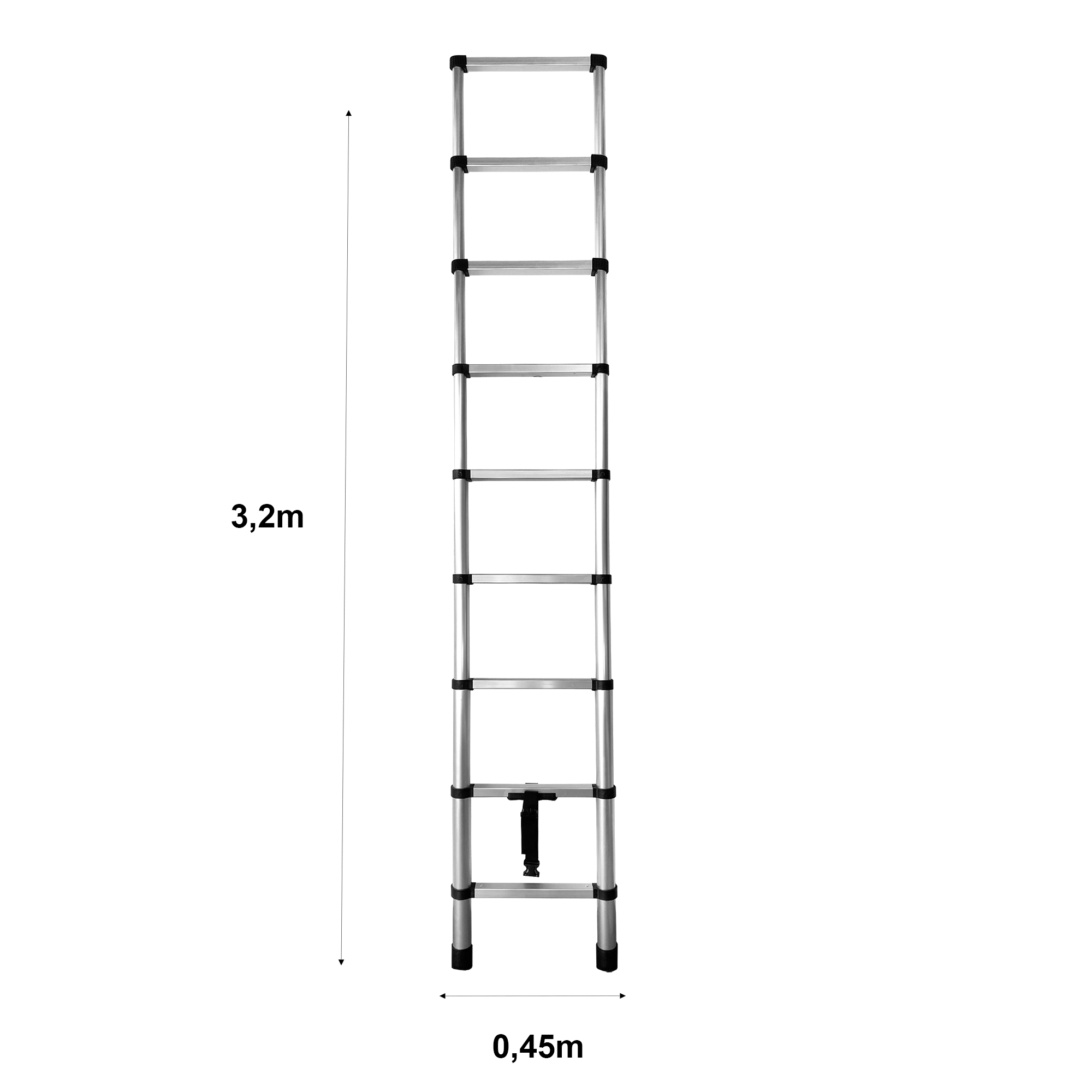 Una escalera extensible de aluminio con agarres negros sobre fondo blanco.