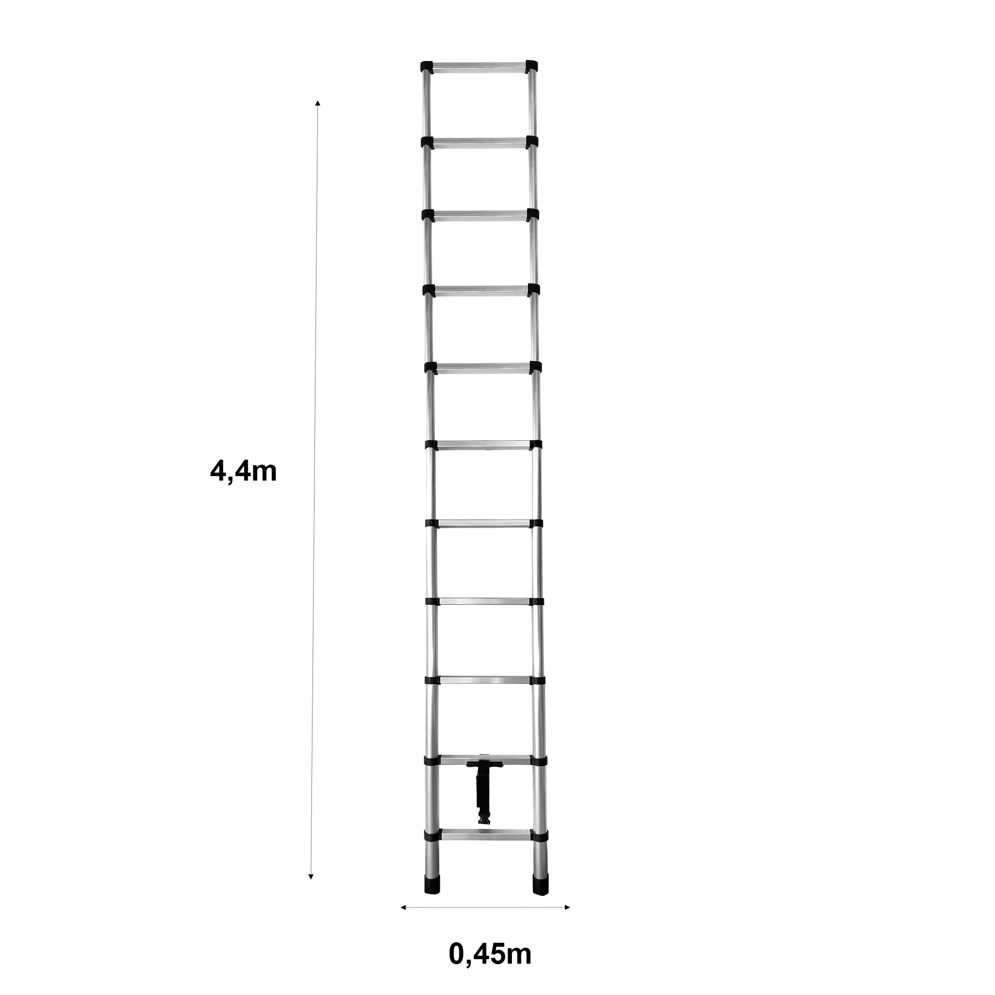 Una escalera extensible de aluminio con pies de goma negros y conectores negros.