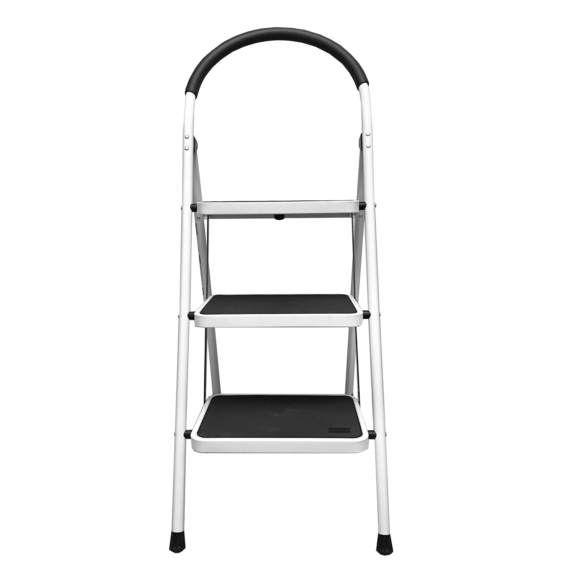 Escalera plegable blanca de tres peldaños con pasamanos negro.