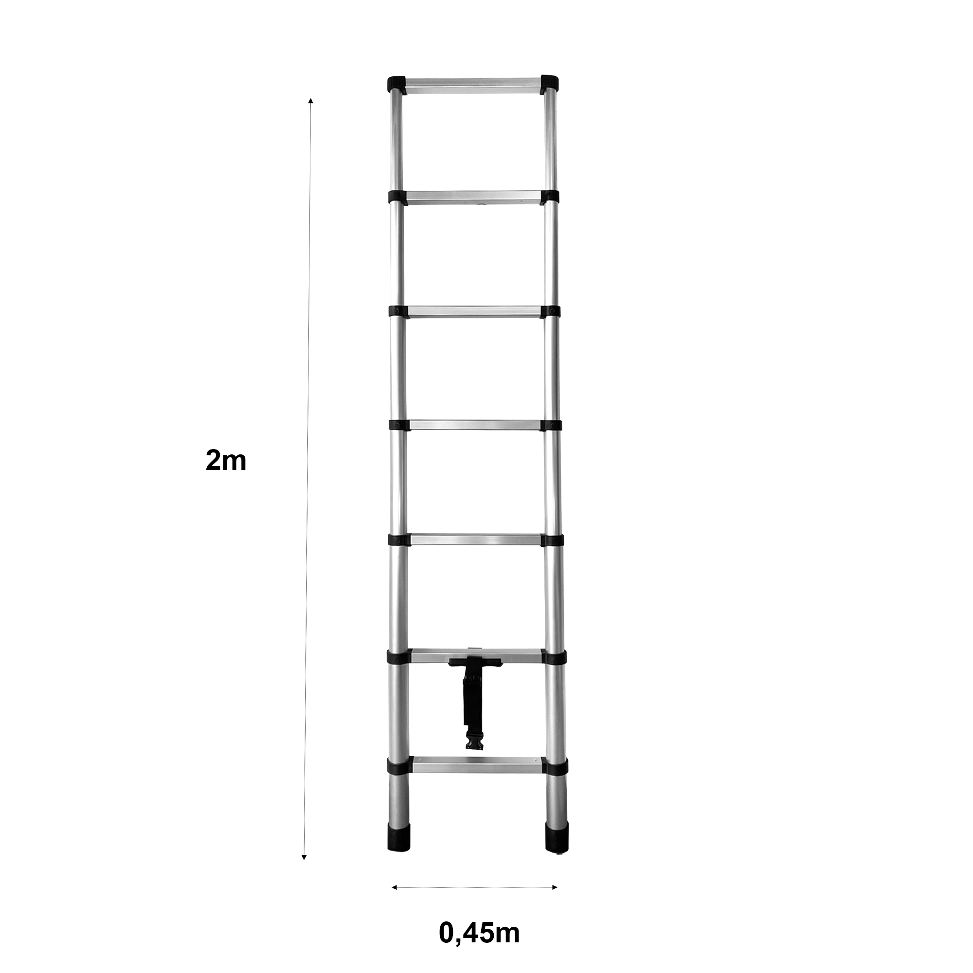Escalera extensible de aluminio de 2m de alto, 0,45m de ancho, con pies de goma.