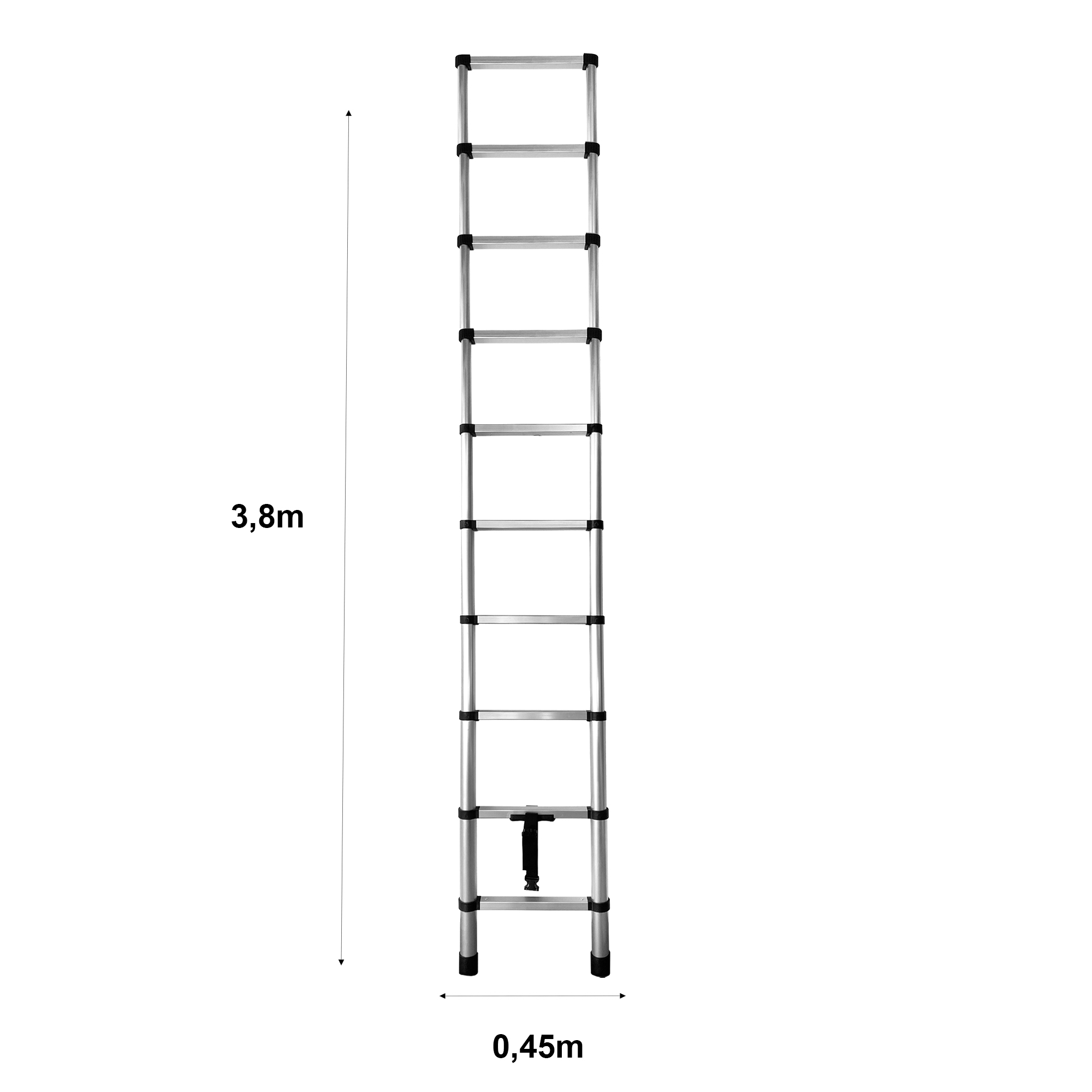 Una escalera extensible de aluminio con pies de goma negros y correa negra.