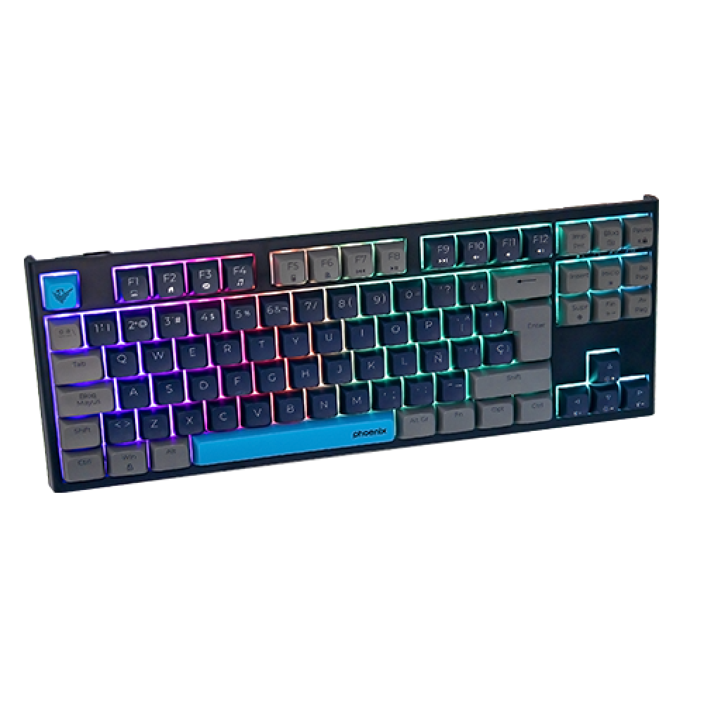 Un teclado negro con teclas retroiluminadas de colores y una barra espaciadora azul.