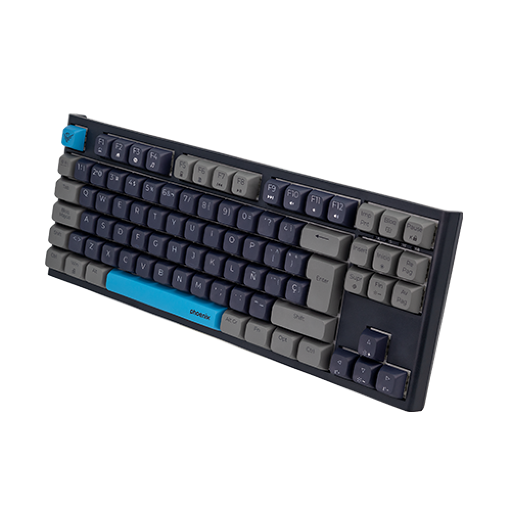 Un teclado oscuro con teclas azules y grises sobre fondo blanco.