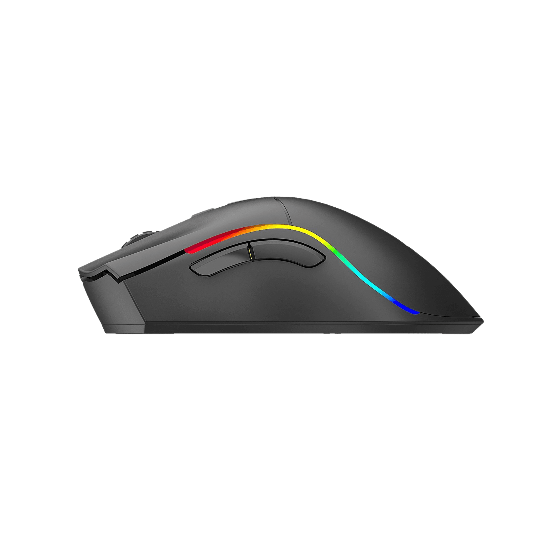 Un ratón de ordenador negro con iluminación RGB que va del rojo al azul.