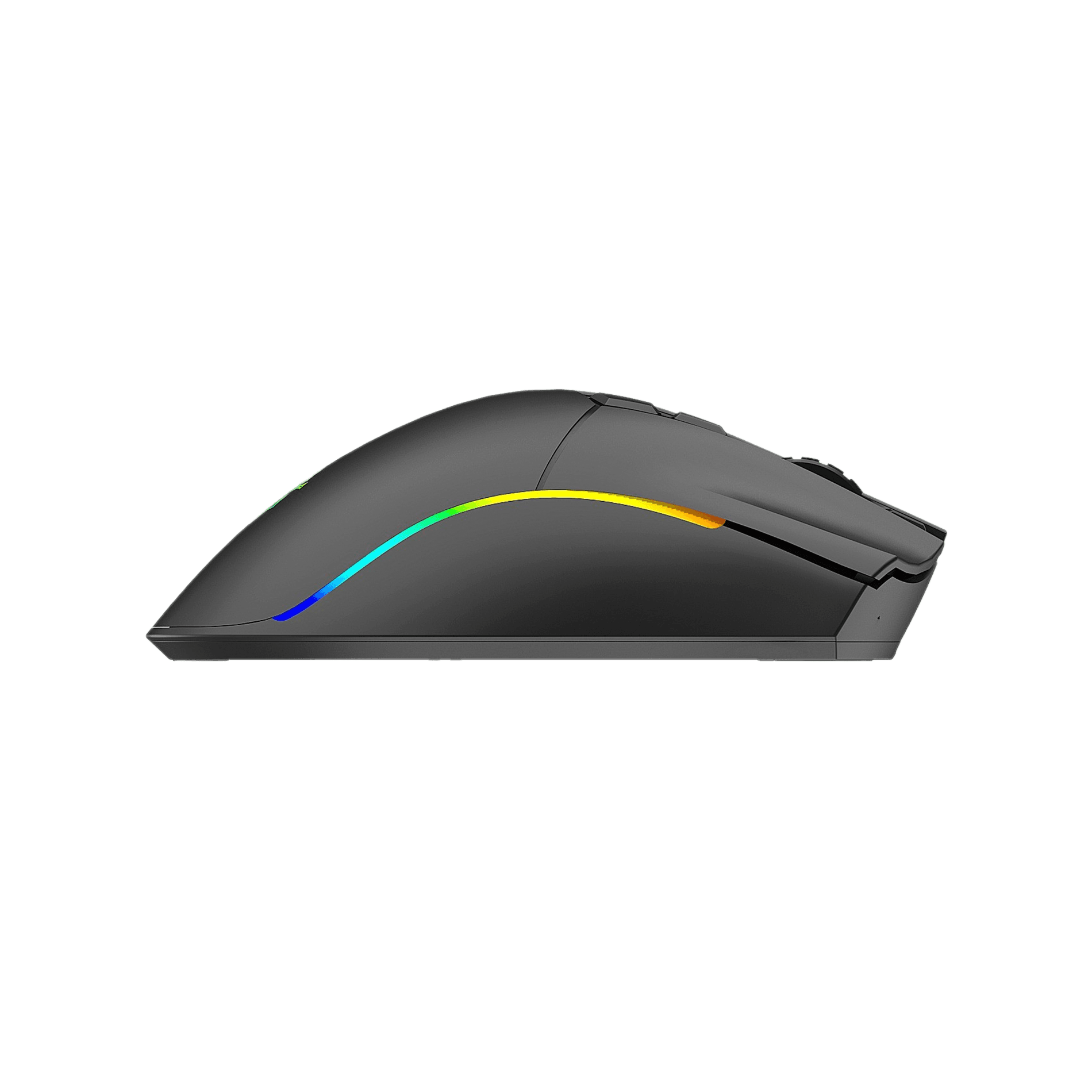 Ratón negro con iluminación RGB, degradado de azul a amarillo.