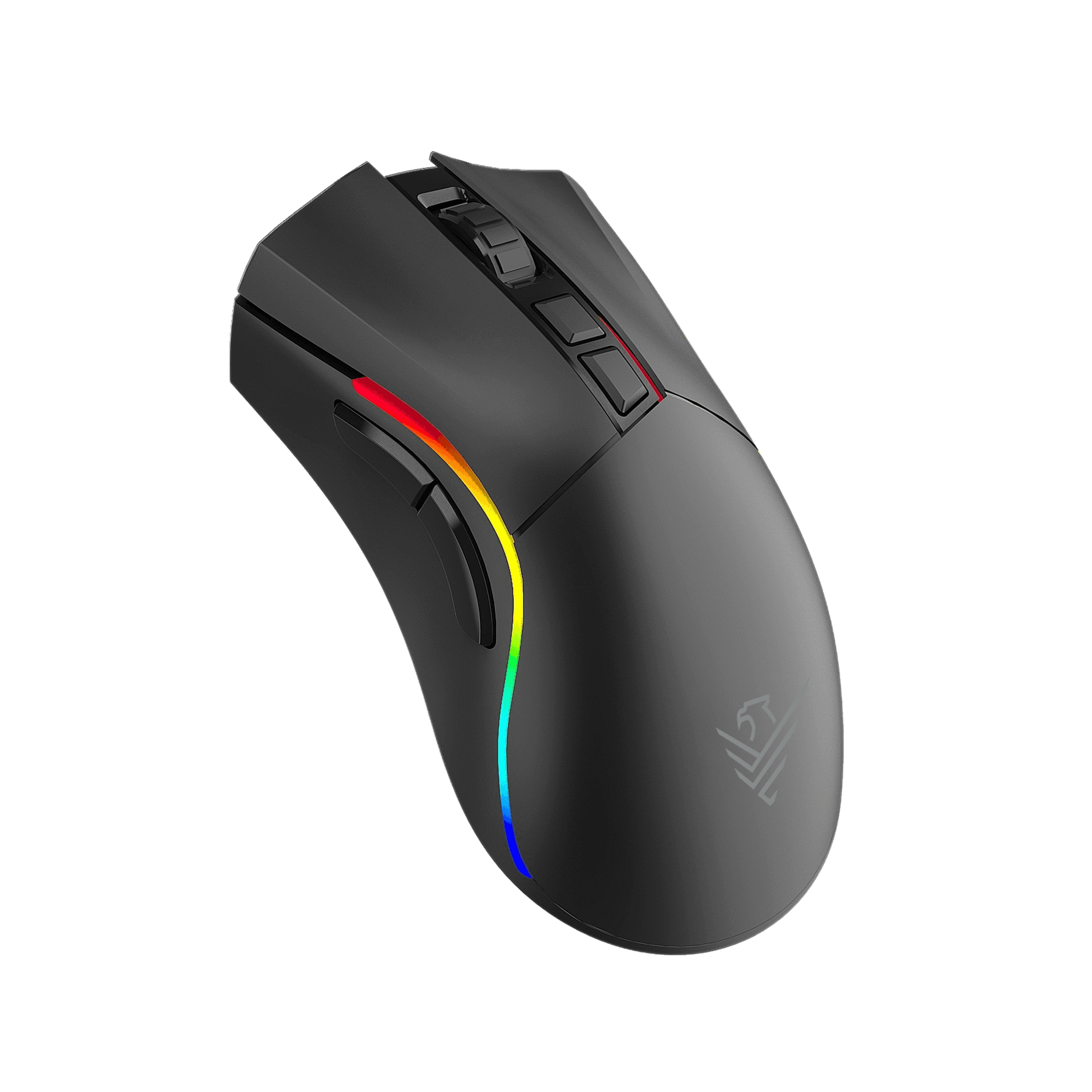 Ratón gaming negro con iluminación RGB y logo.
