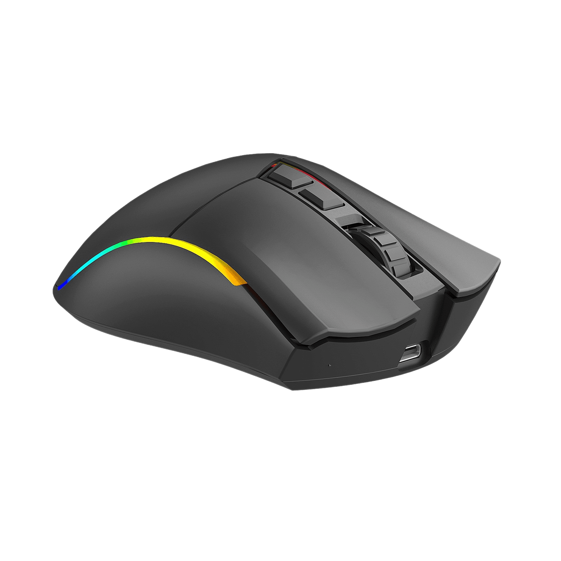 Ratón gaming negro con iluminación RGB y rueda de scroll. Puerto USB-C.