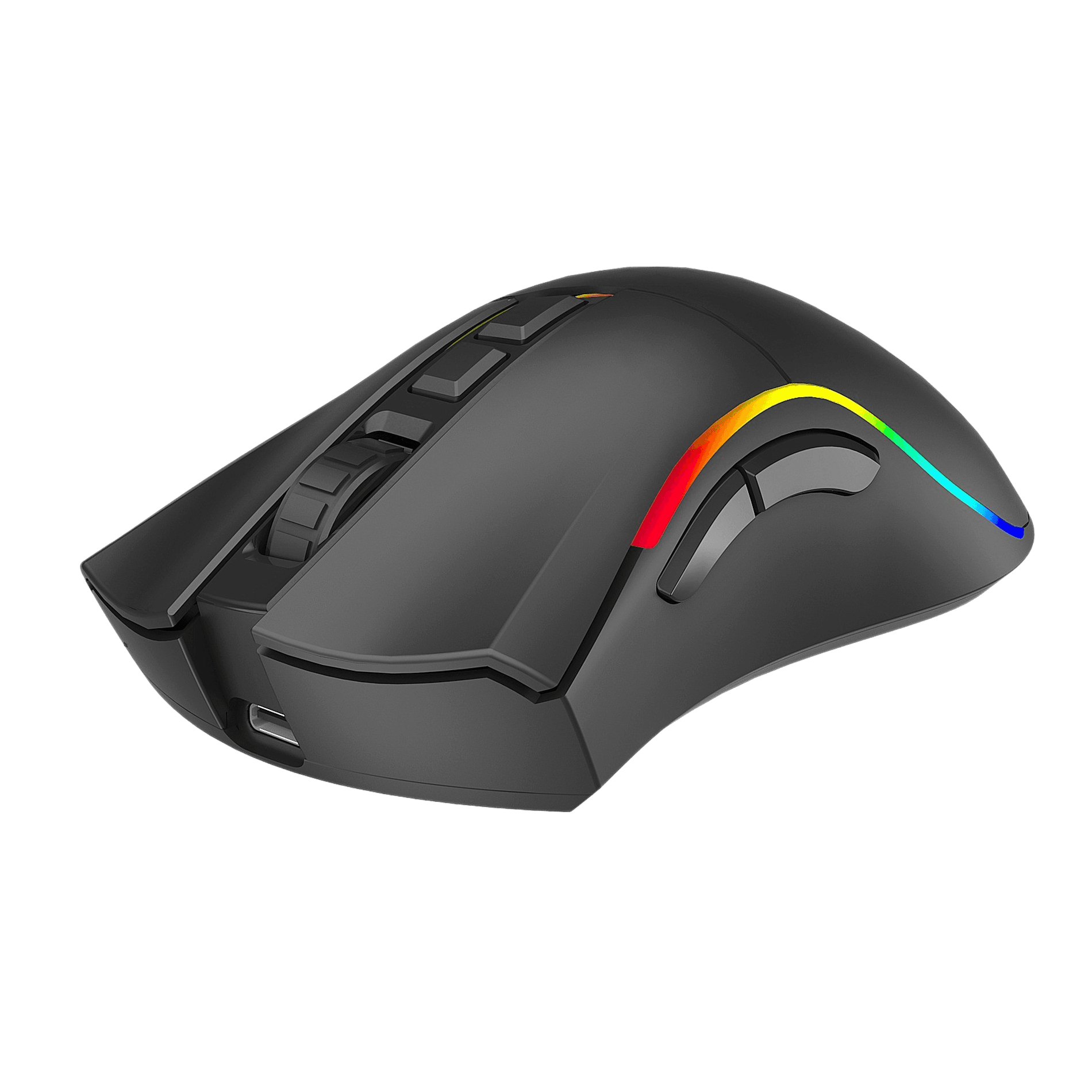 Ratón gaming negro con iluminación RGB y varios botones.