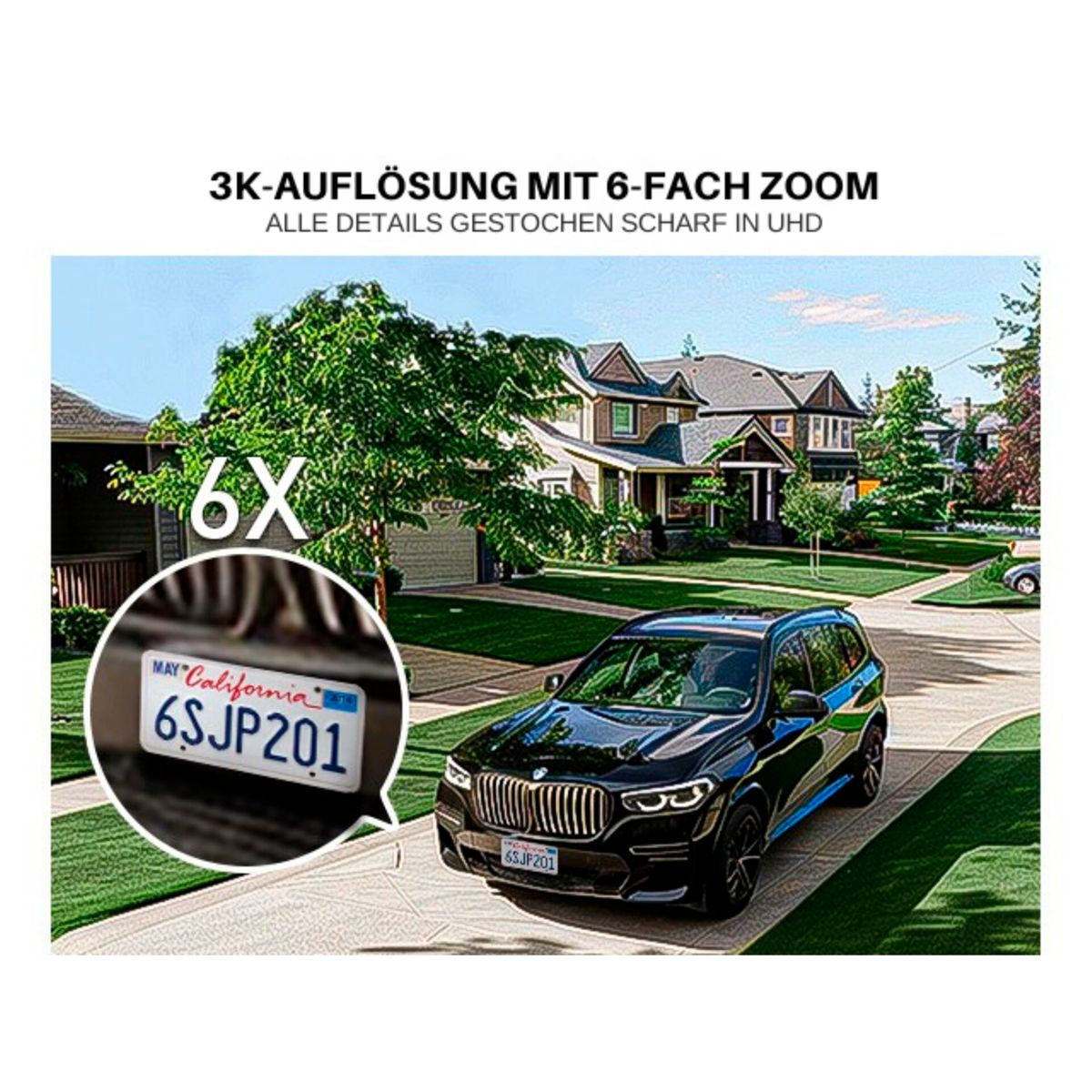 SUV BMW nero con zoom 6x sulla targa californiana 6SJP201.