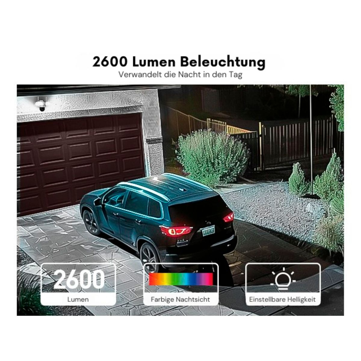 Un'auto scura parcheggiata davanti a una porta del garage. Illuminazione da 2600 lumen.