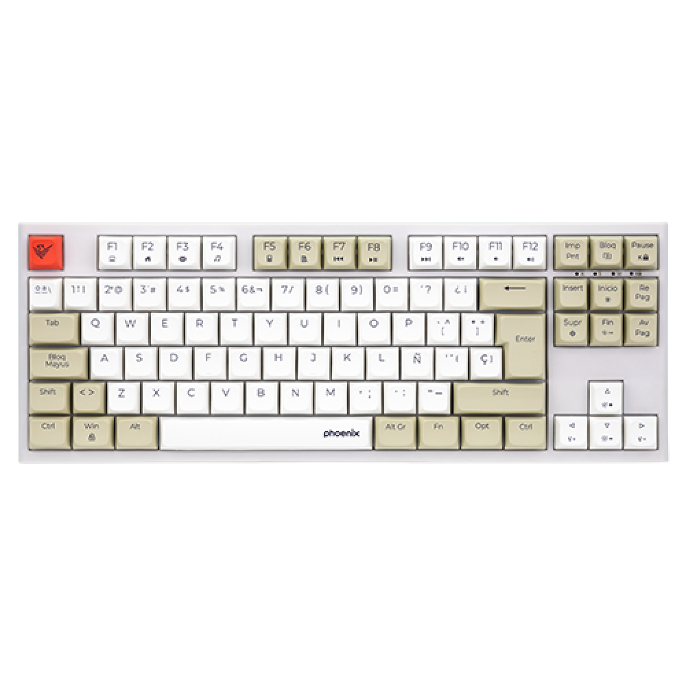Una tastiera bianca con tasti d'accento beige e un logo fenice rosso.