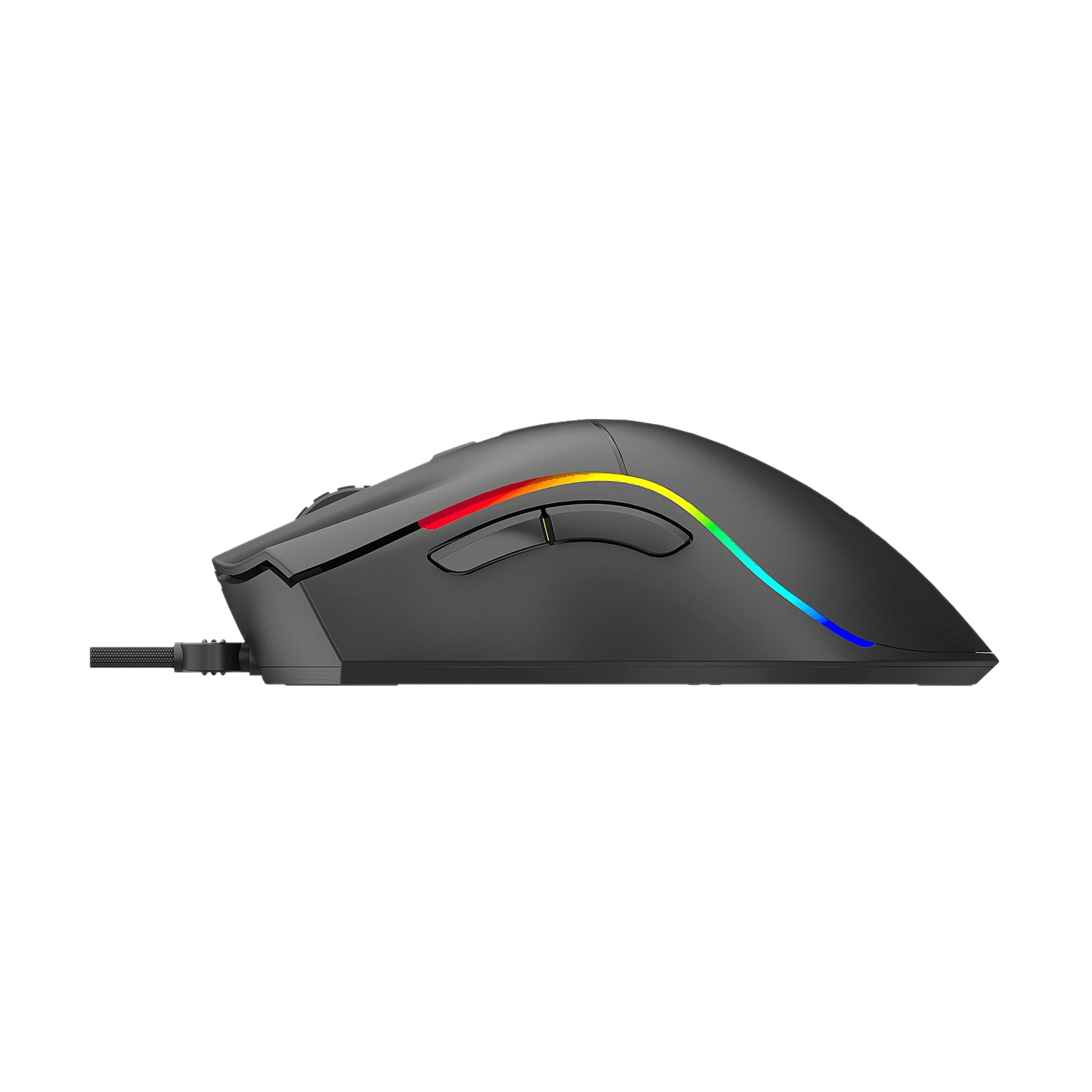Ratón gaming negro con iluminación RGB sobre fondo azul.