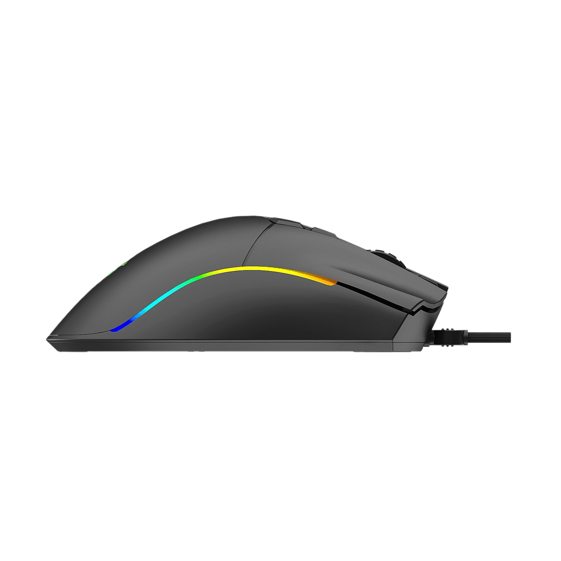 Ratón gaming negro con iluminación RGB de perfil, sobre fondo azul.